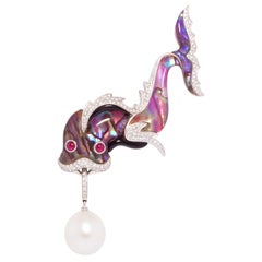 Ella Gafter Diamond Pearl Fish Brooch Pin