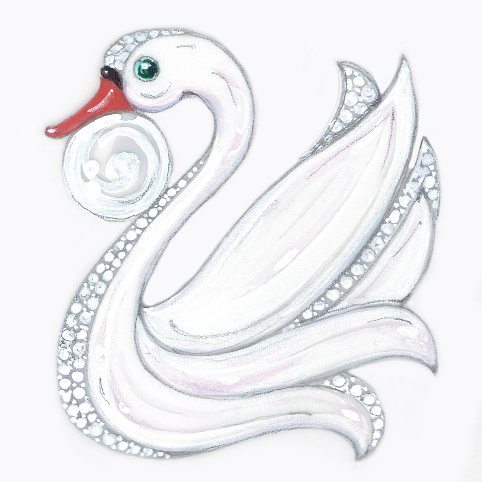 Round Cut Ella Gafter Diamond Pearl Swan Brooch For Sale