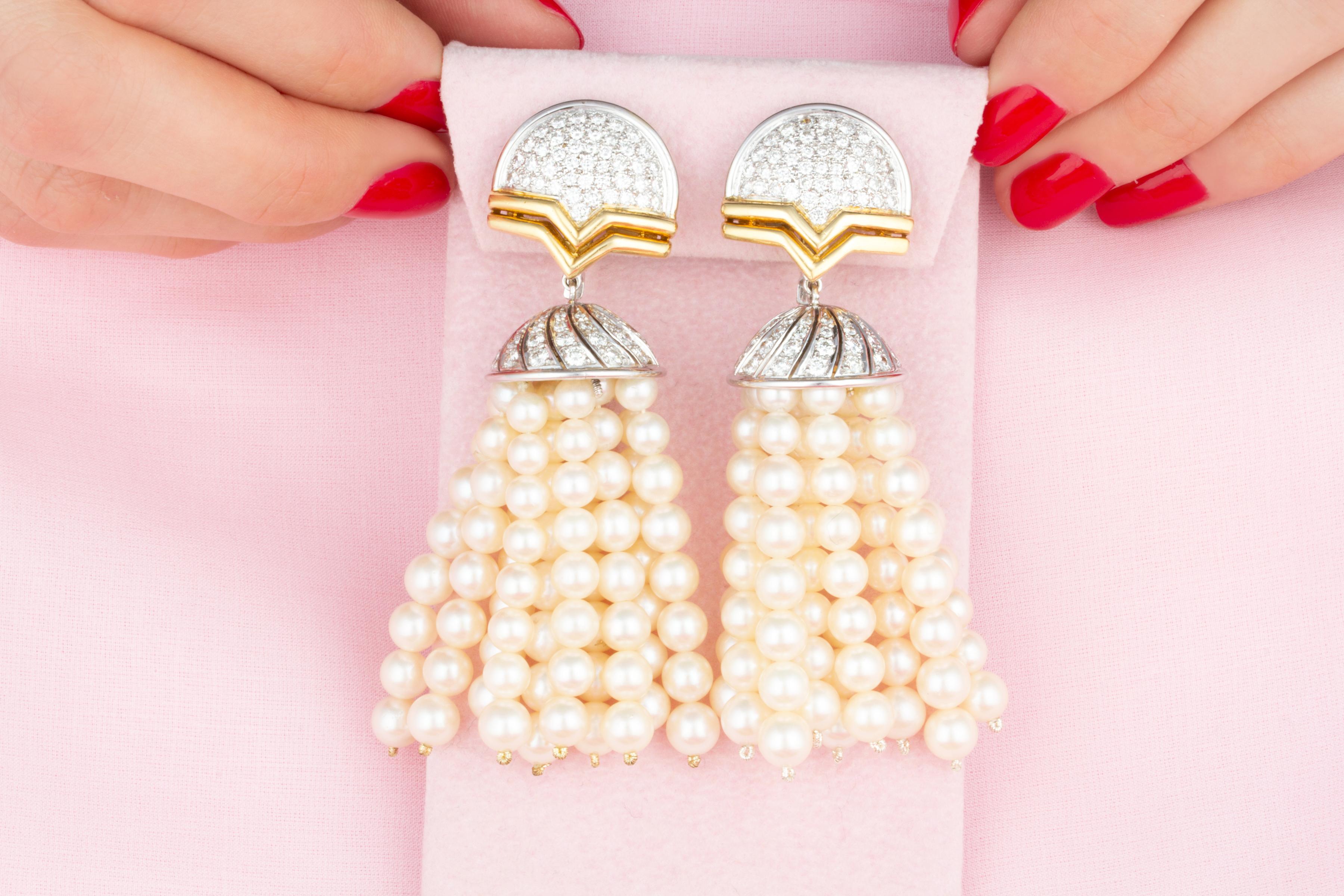Brilliant Cut Diamond Pearl Tassel Drop Earrings Chandelier Design by Ella Gafter For Sale