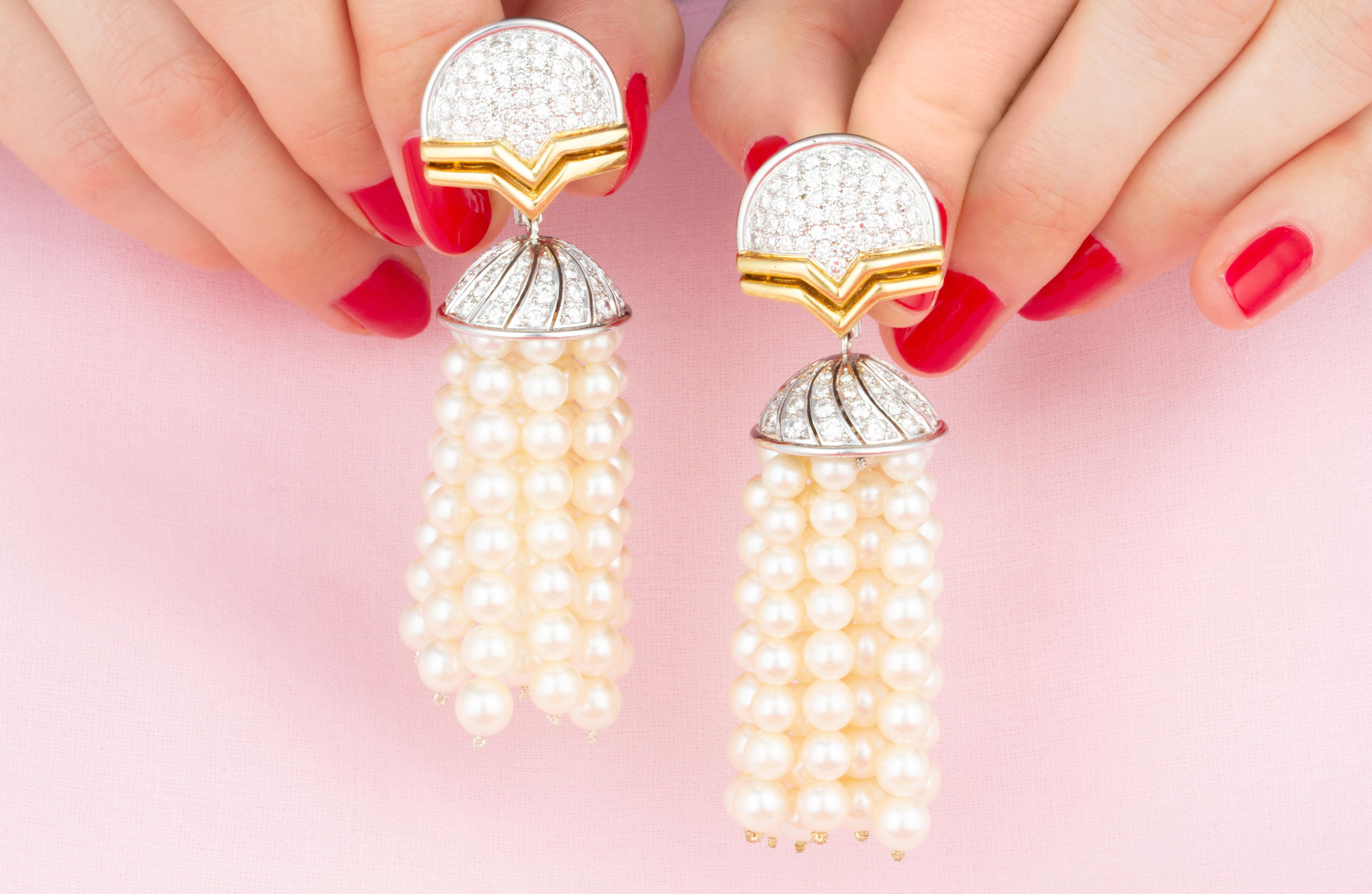Diamond Pearl Tassel Drop Earrings Chandelier Design by Ella Gafter In New Condition For Sale In New York, NY
