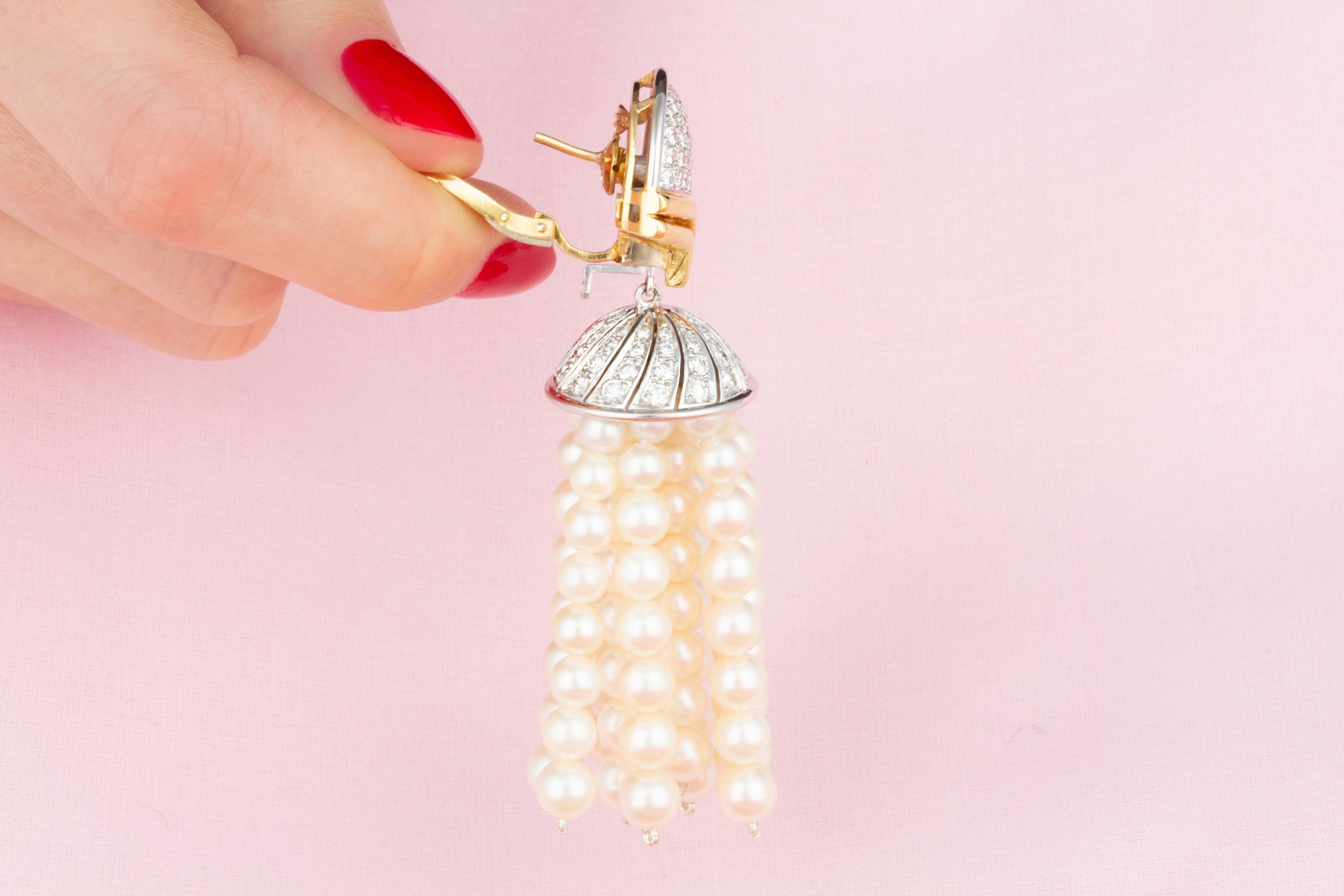 Women's Diamond Pearl Tassel Drop Earrings Chandelier Design by Ella Gafter For Sale