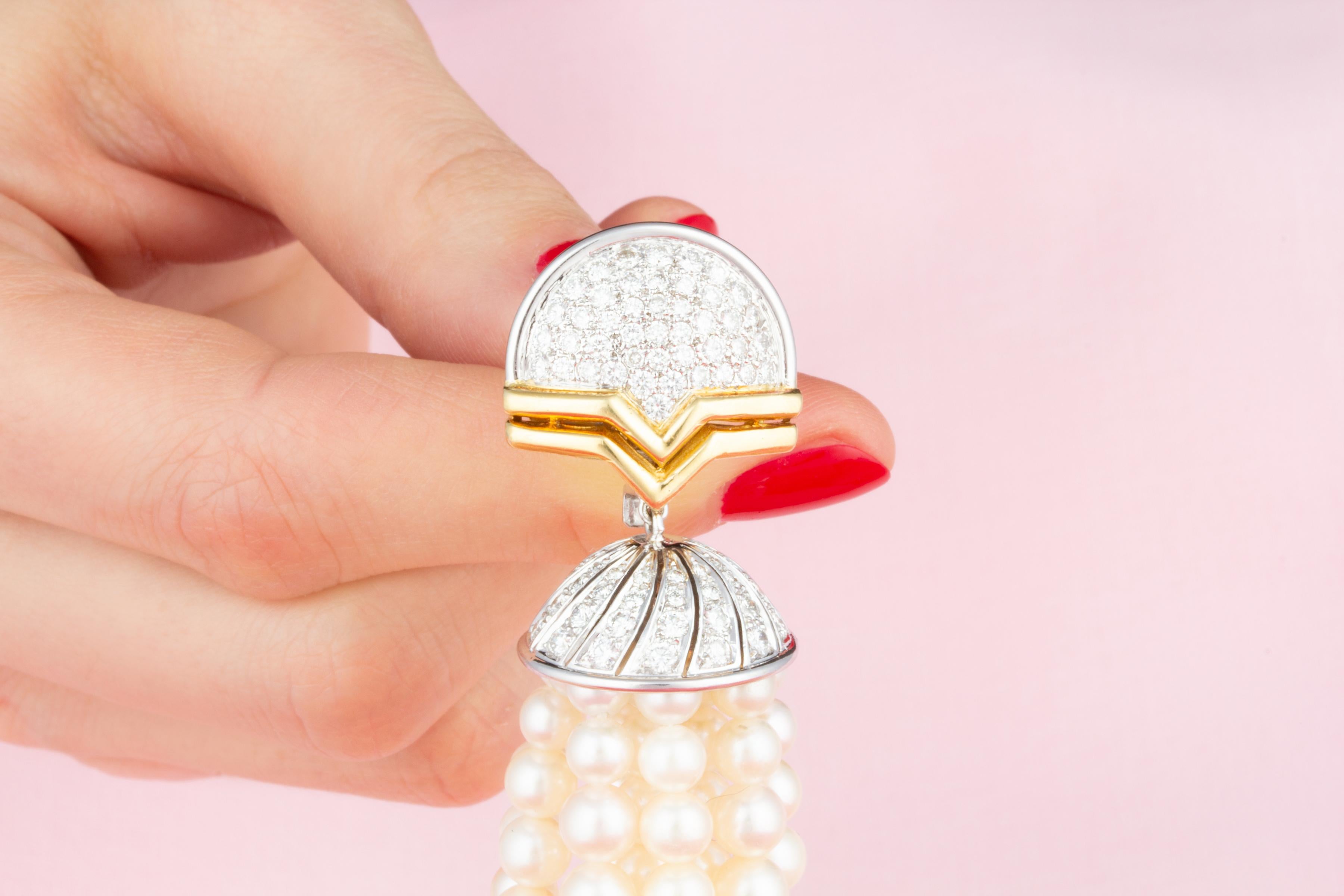 Diamond Pearl Tassel Drop Earrings Chandelier Design by Ella Gafter For Sale 2