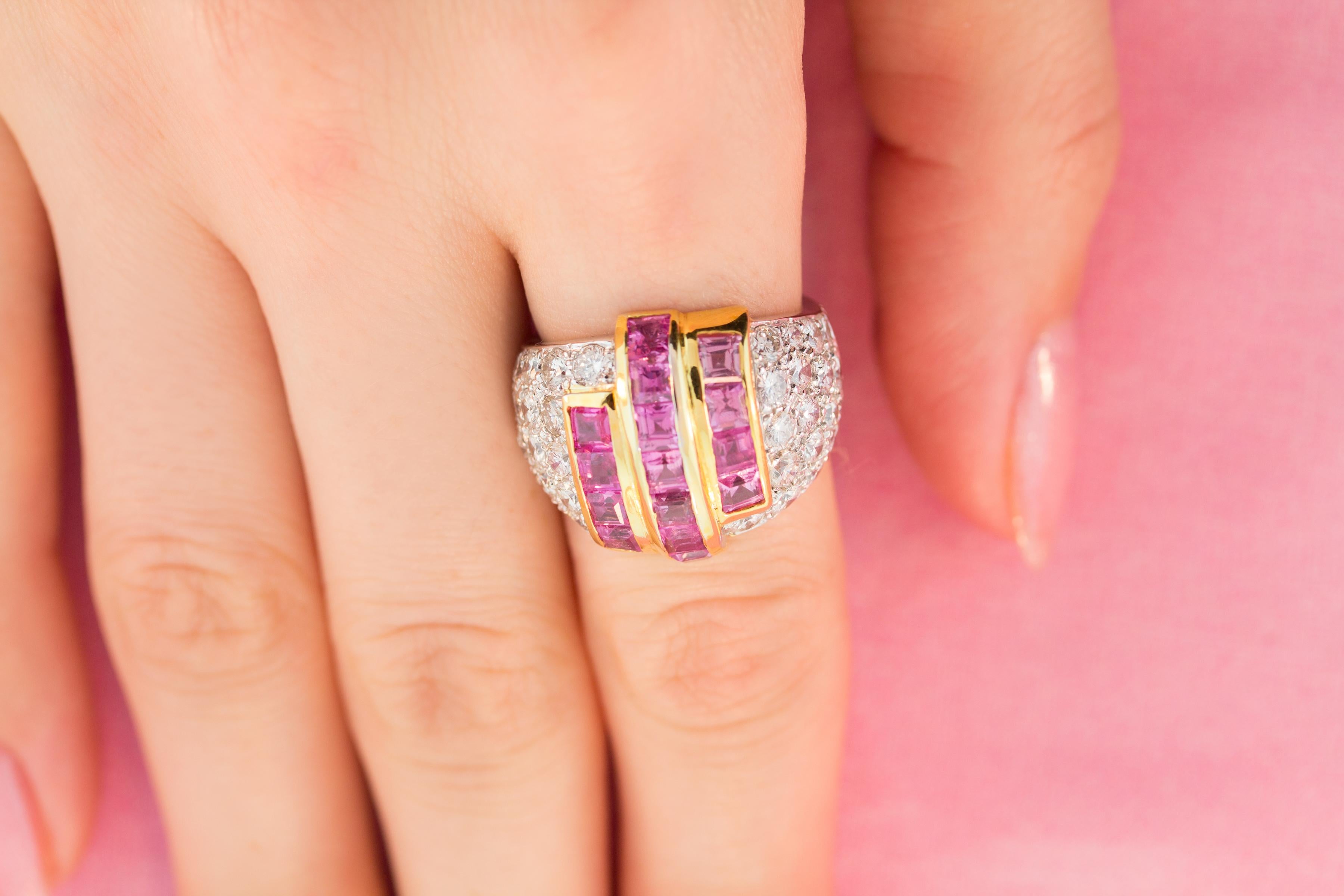 Square Cut Ella Gafter Diamond Pink Sapphire Cocktail Ring For Sale