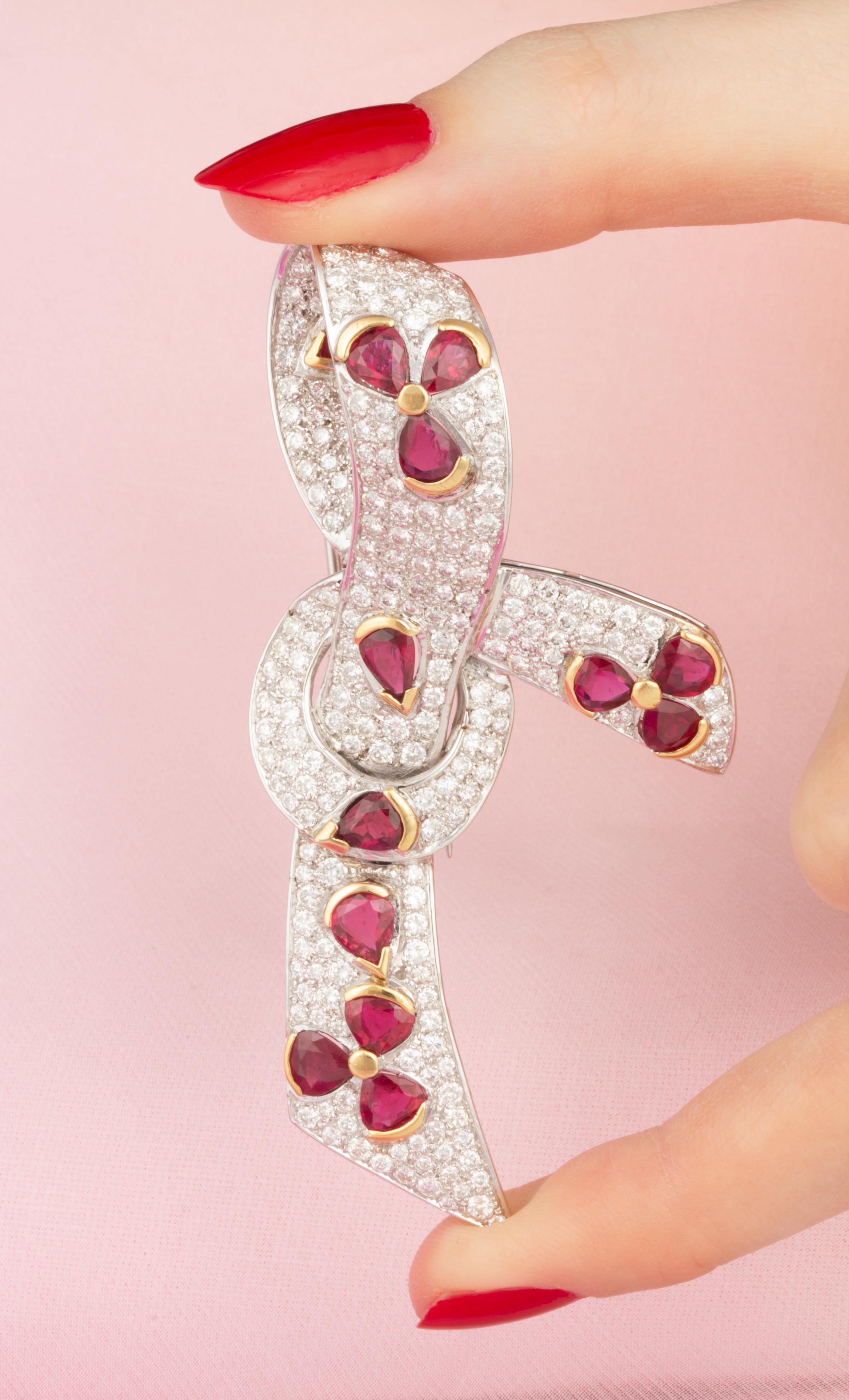 Artist Ella Gafter Ruby Diamond Bow Brooch Pin For Sale