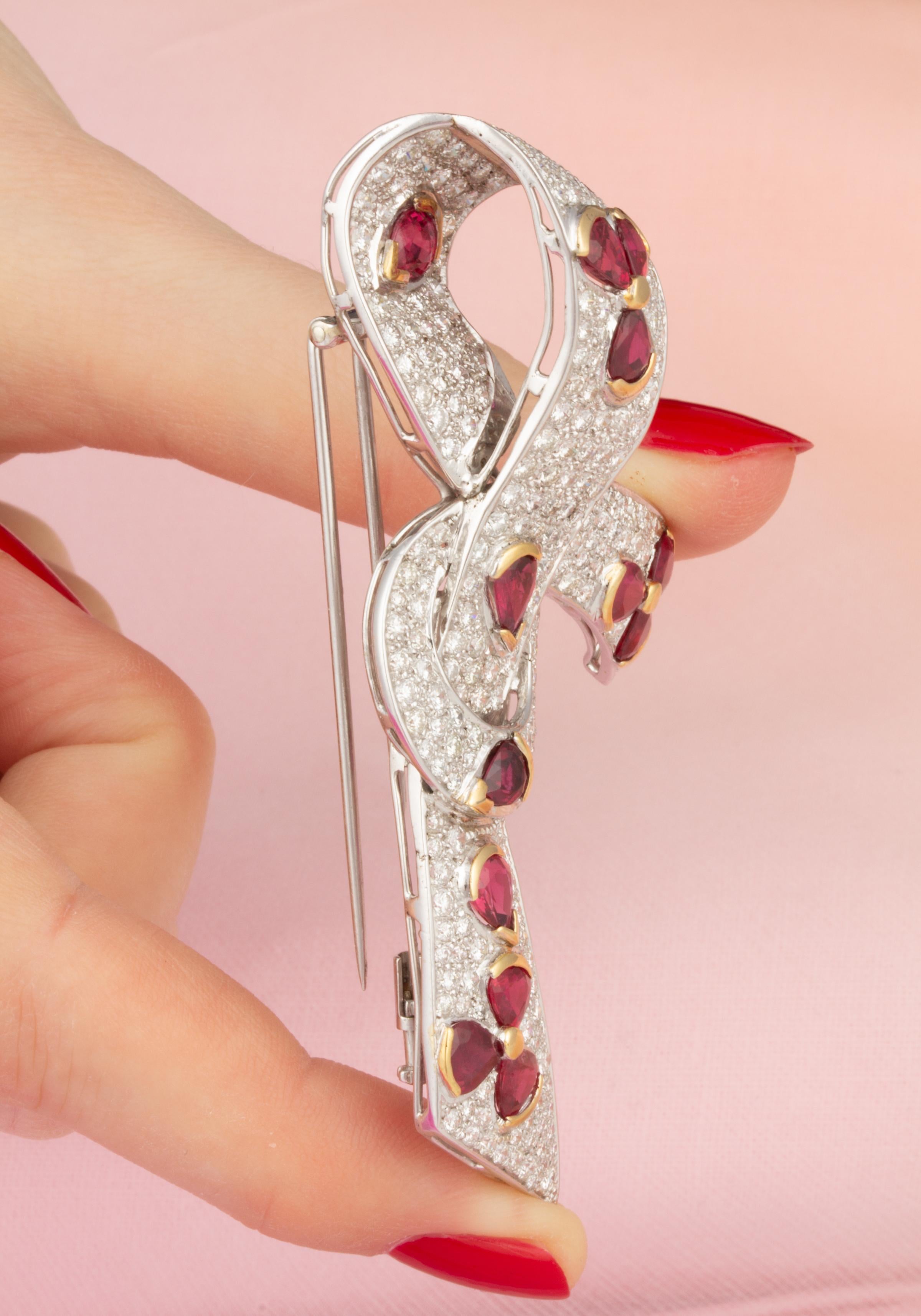 Pear Cut Ella Gafter Ruby Diamond Bow Brooch Pin For Sale
