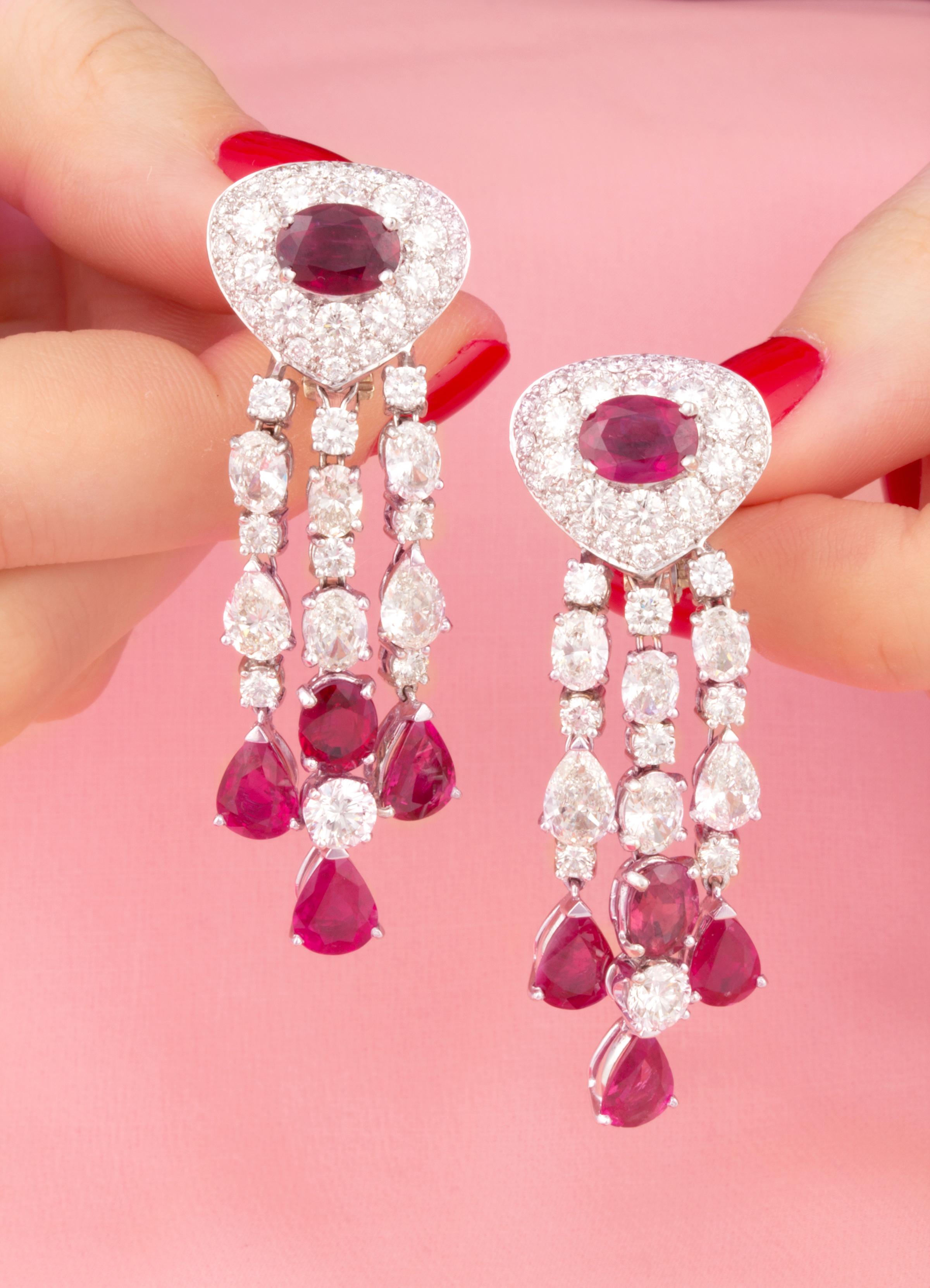 Brilliant Cut Ella Gafter Diamond Ruby Chandelier Earrings For Sale