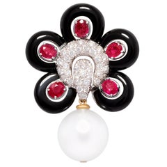Ella Gafter Diamond Ruby Flower Pearl Pin Brooch 