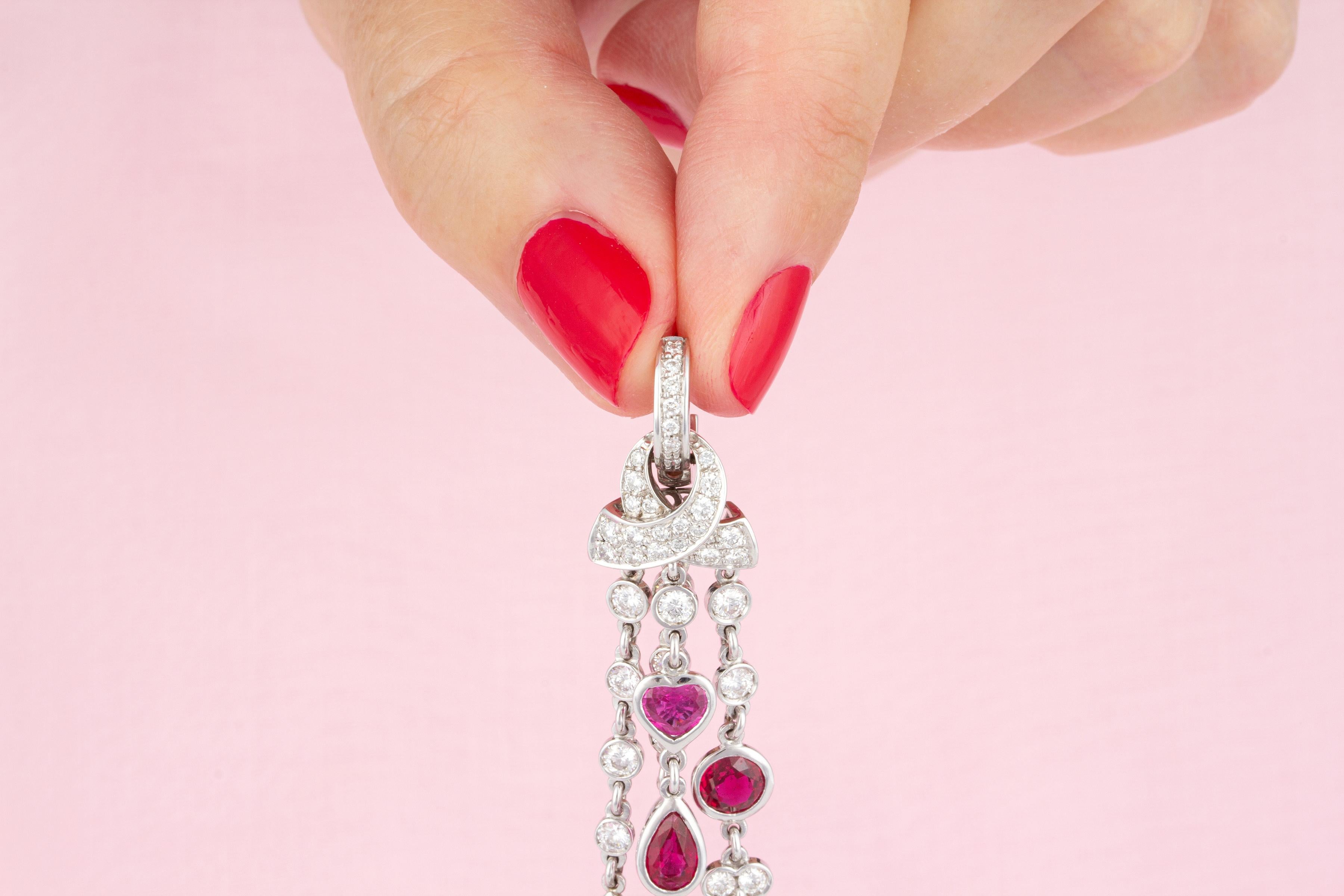 Ella Gafter Diamond Ruby Chandelier Pearl Tassel Earrings For Sale 1