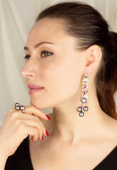 Diamond Ruby Tahitian Pearl Drop Earrings Tassel Design by Ella Gafter