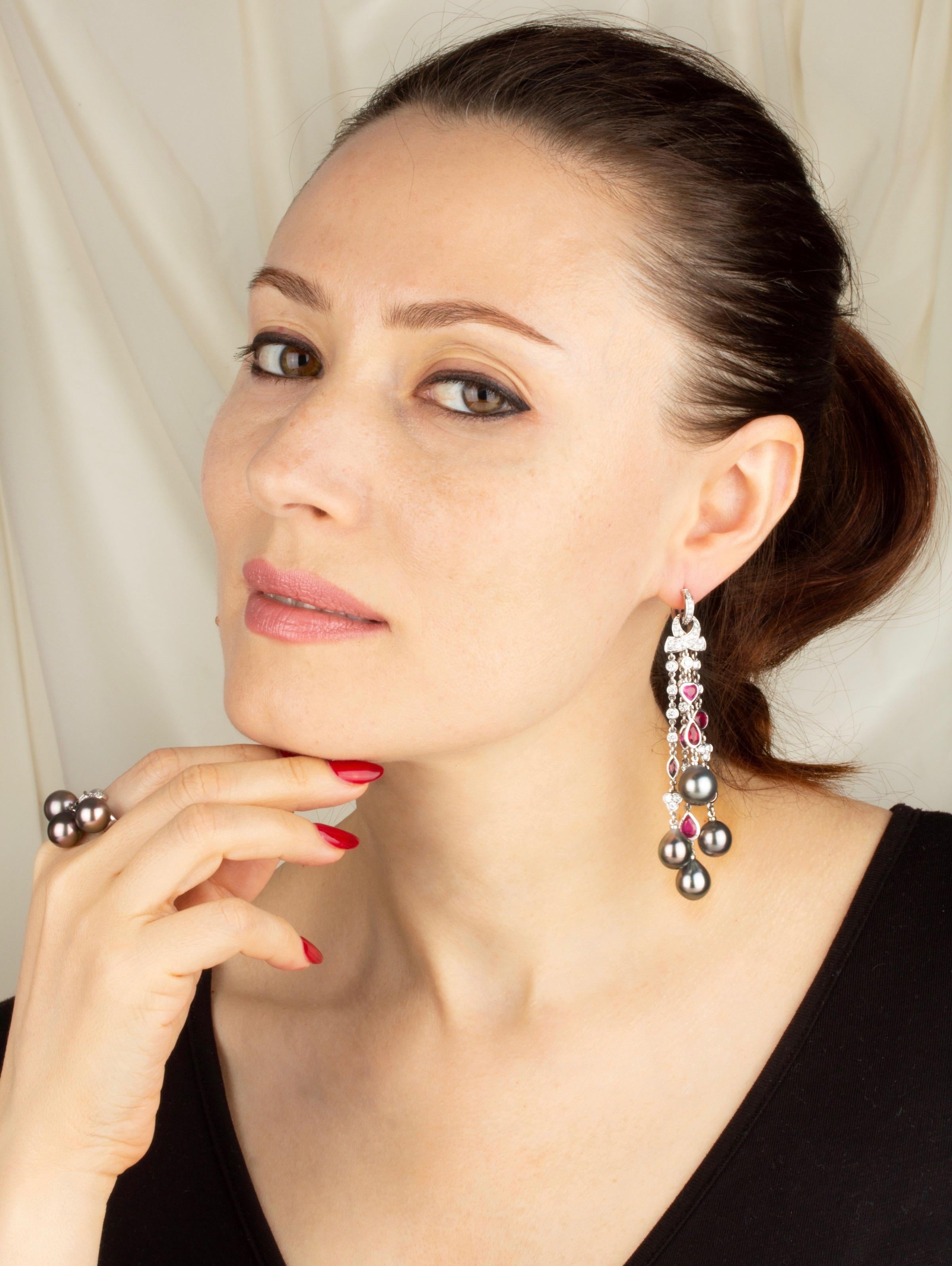 Ella Gafter Diamant-Rubin-Kronleuchter-Perlen-Ohrringe mit Quasten (Künstler*in) im Angebot