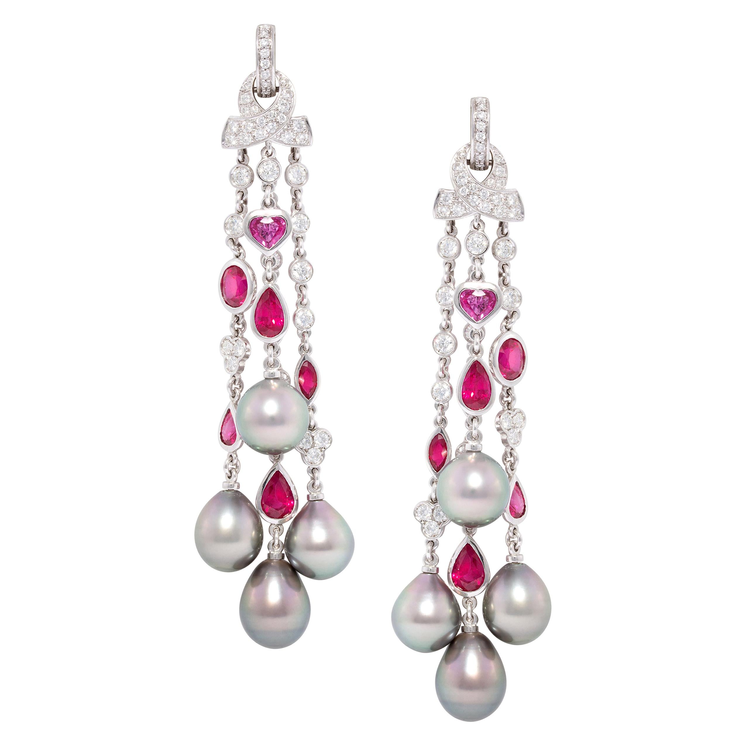 Ella Gafter Diamond Ruby Chandelier Pearl Tassel Earrings For Sale