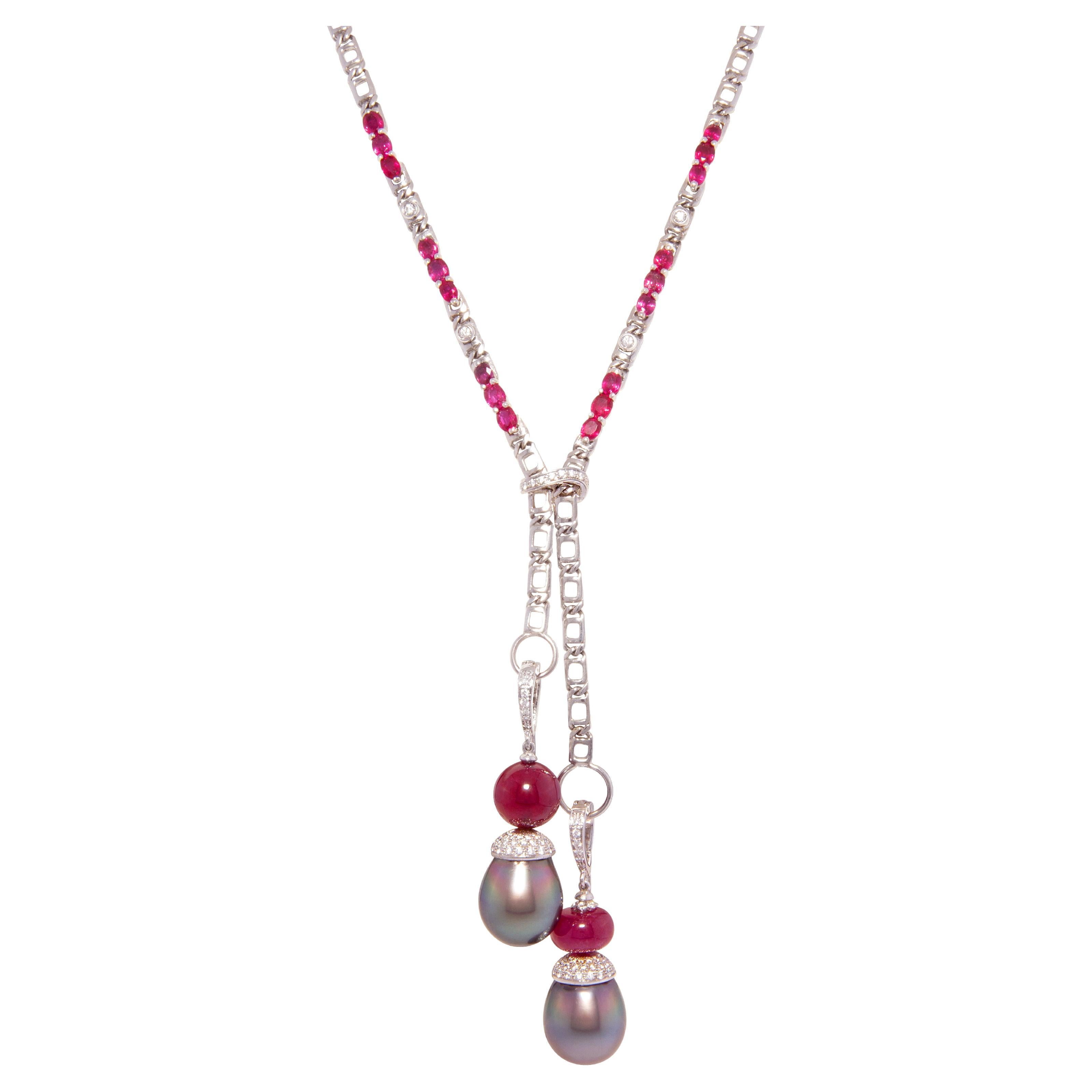 Ella Gafter Diamond Ruby Pearl Lariat Necklace For Sale