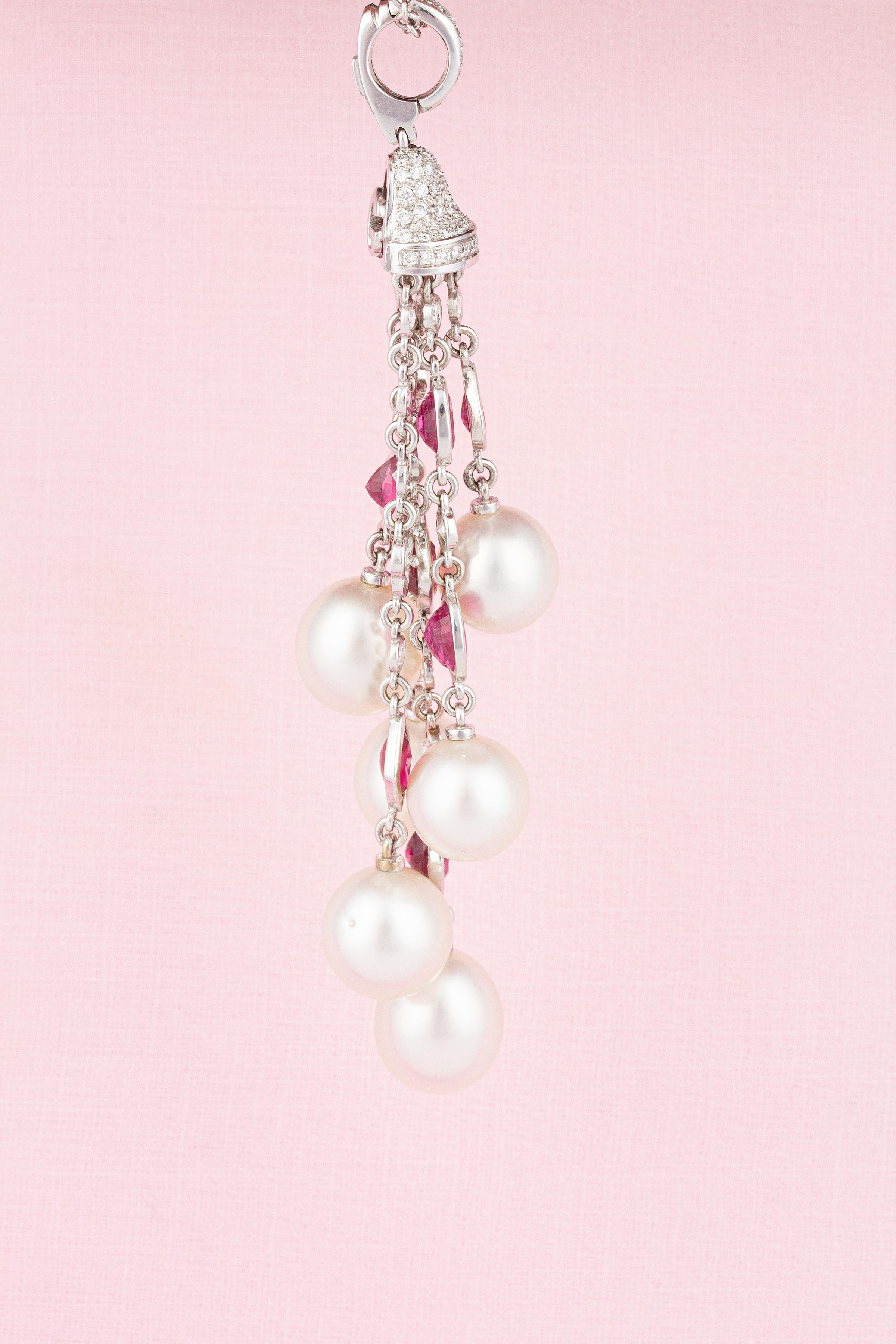 Ella Gafter Diamond Ruby Pearl Tassel Pendant Necklace For Sale 6