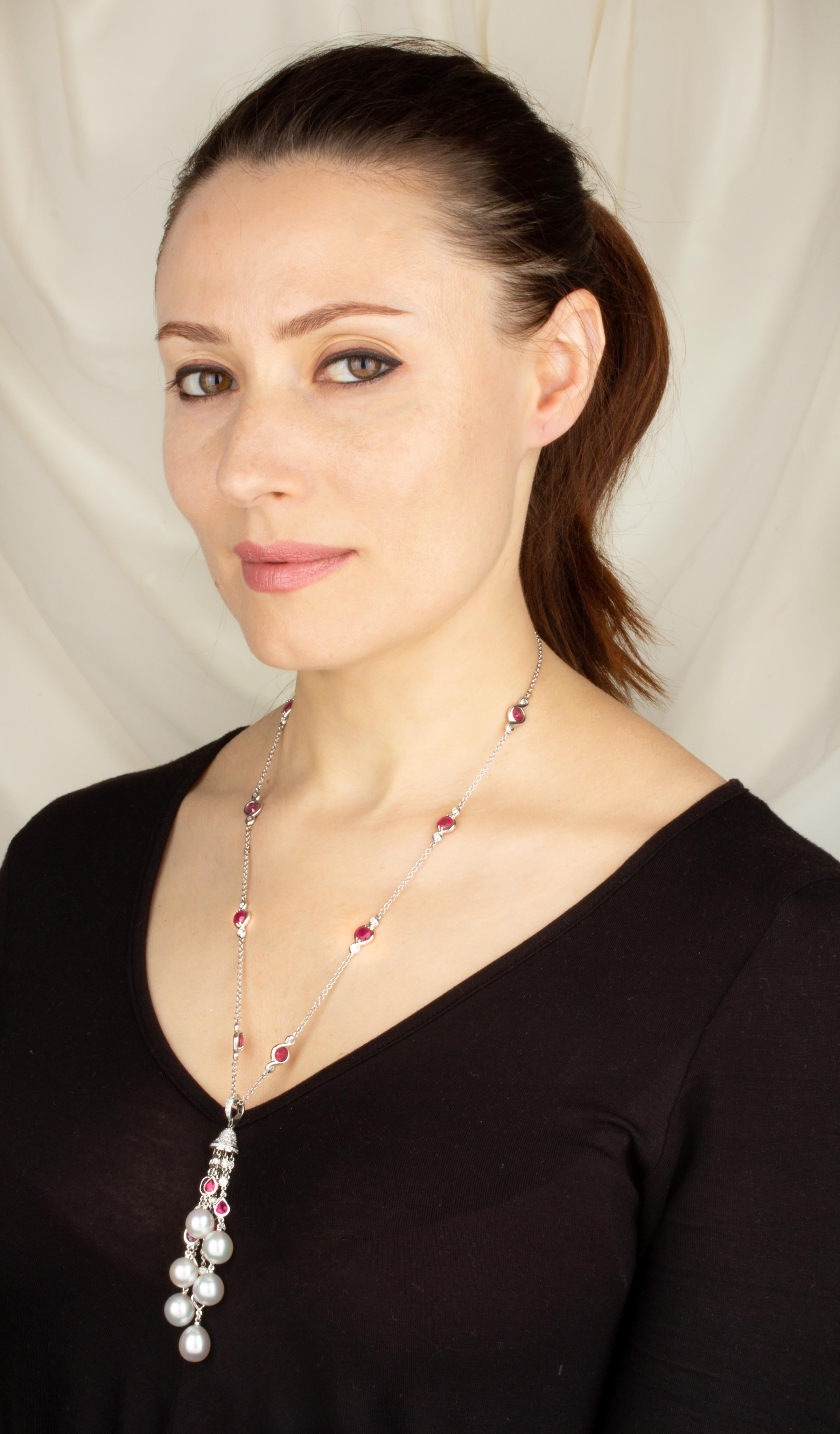 Artist Ella Gafter Diamond Ruby Pearl Tassel Pendant Necklace For Sale