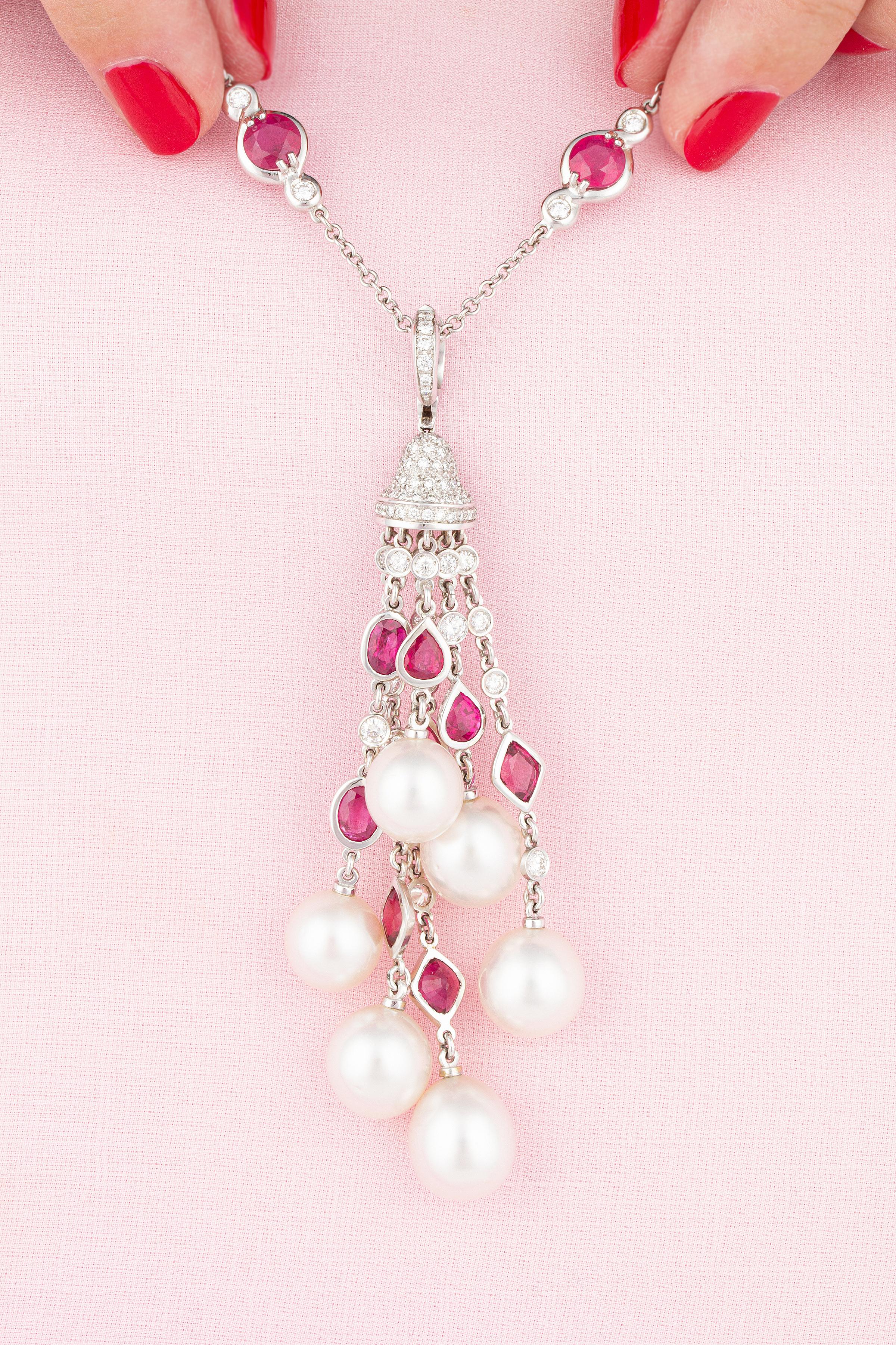 Brilliant Cut Ella Gafter Diamond Ruby Pearl Tassel Pendant Necklace For Sale
