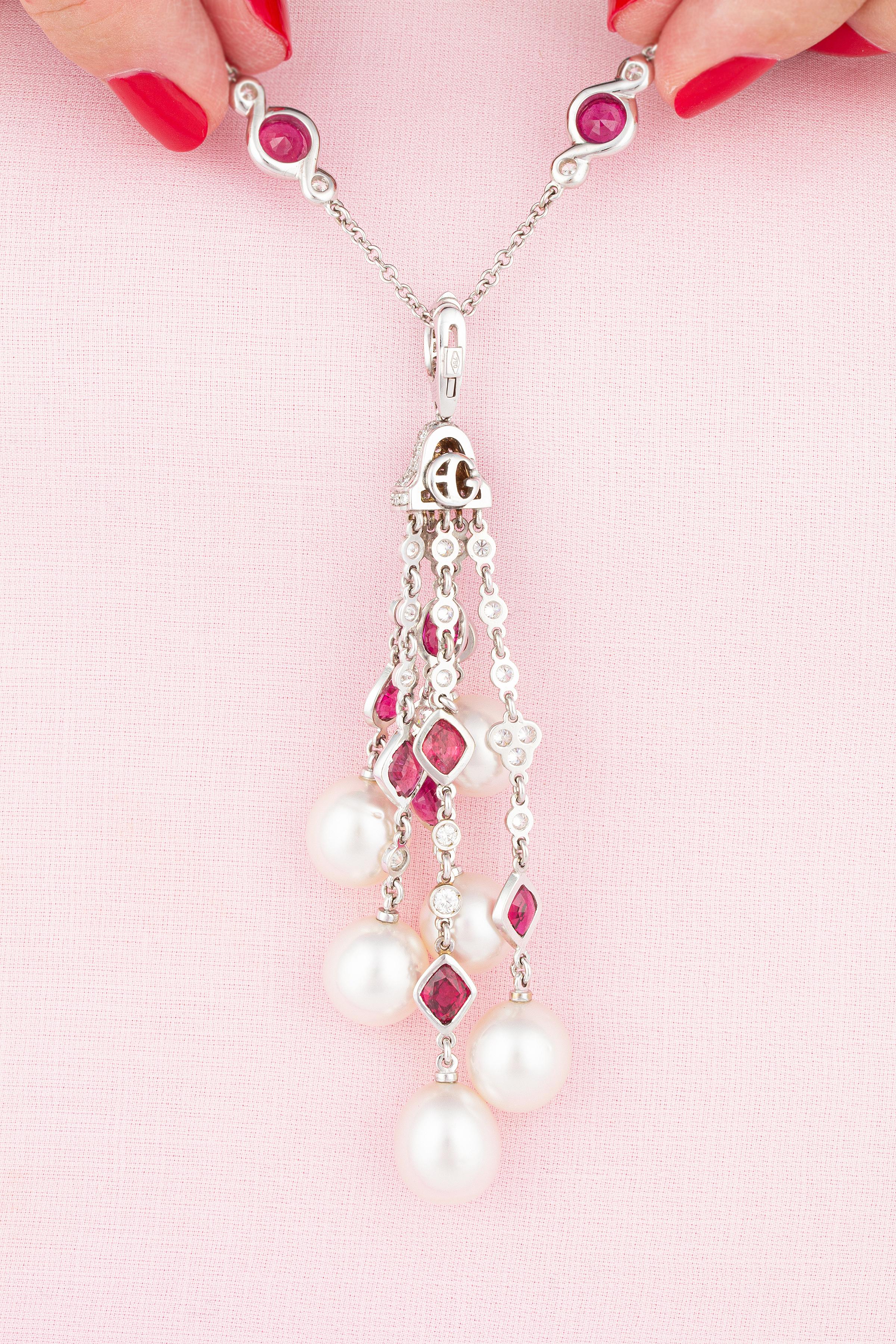 Ella Gafter Diamond Ruby Pearl Tassel Pendant Necklace In New Condition For Sale In New York, NY