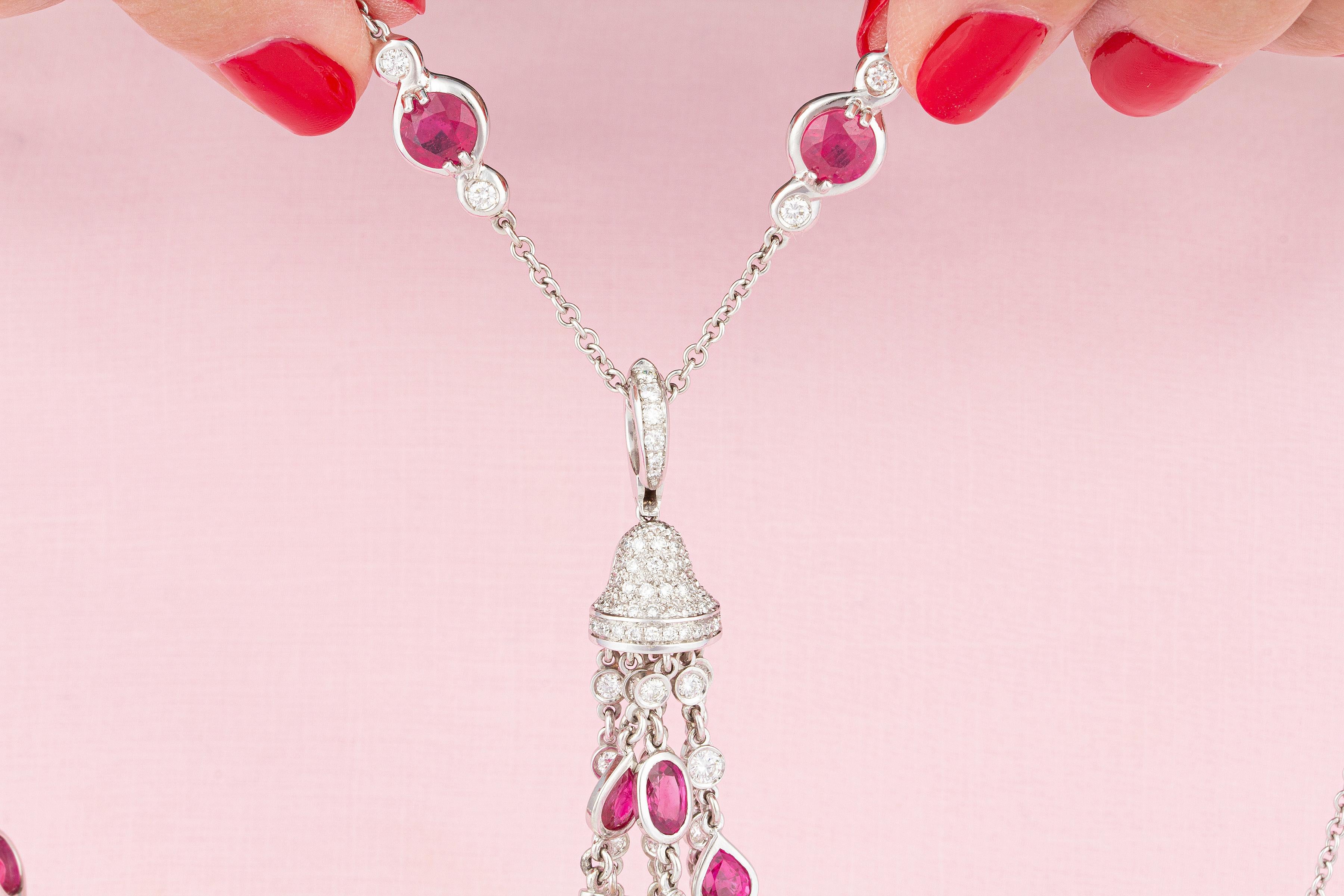 Ella Gafter Diamond Ruby Pearl Tassel Pendant Necklace For Sale 2