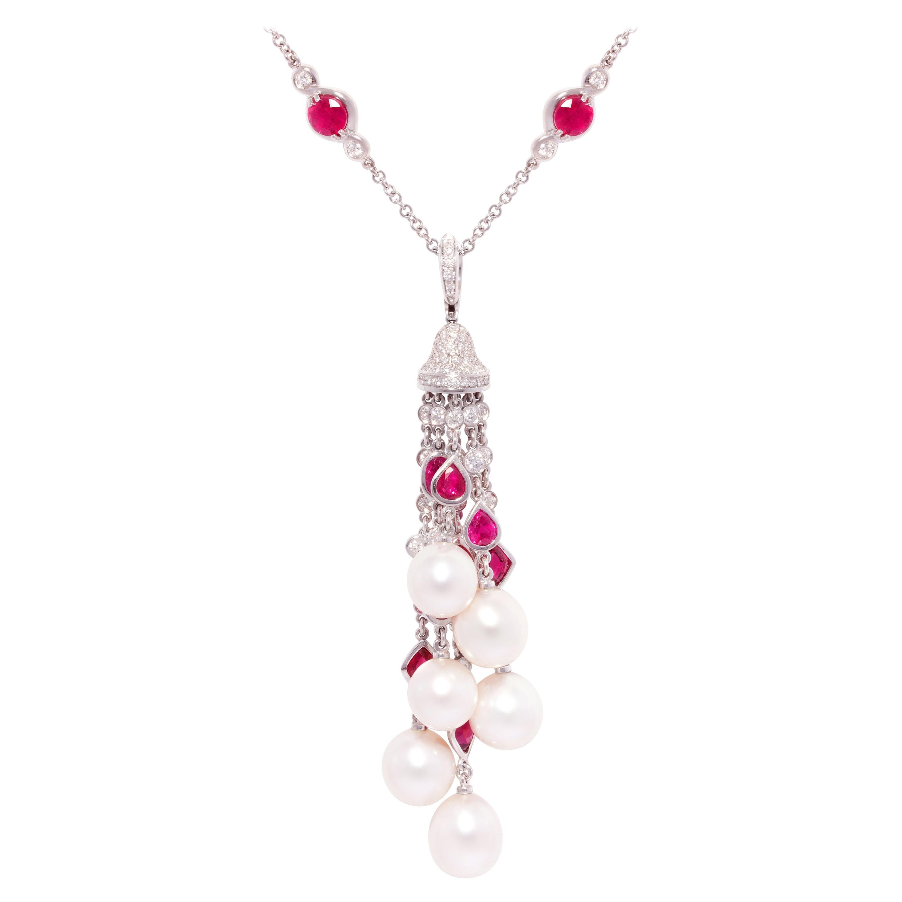 Ella Gafter Diamond Ruby Pearl Tassel Pendant Necklace For Sale
