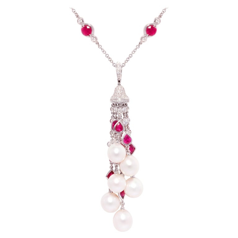 Ella Gafter Diamond Ruby Pearl Pendant Necklace For Sale
