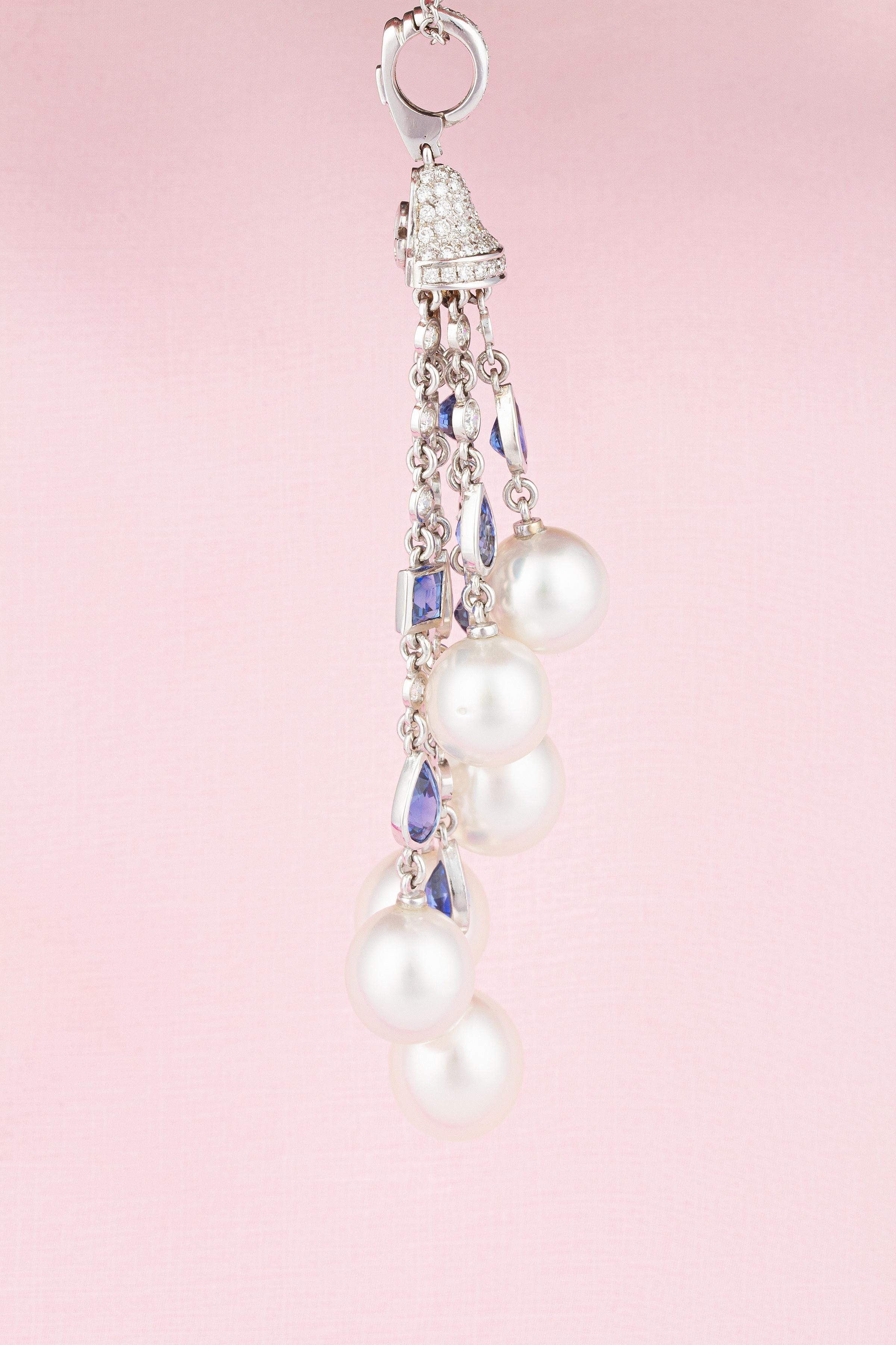 Ella Gafter Diamond Sapphire Pearl Tassel Pendant Necklace For Sale 6