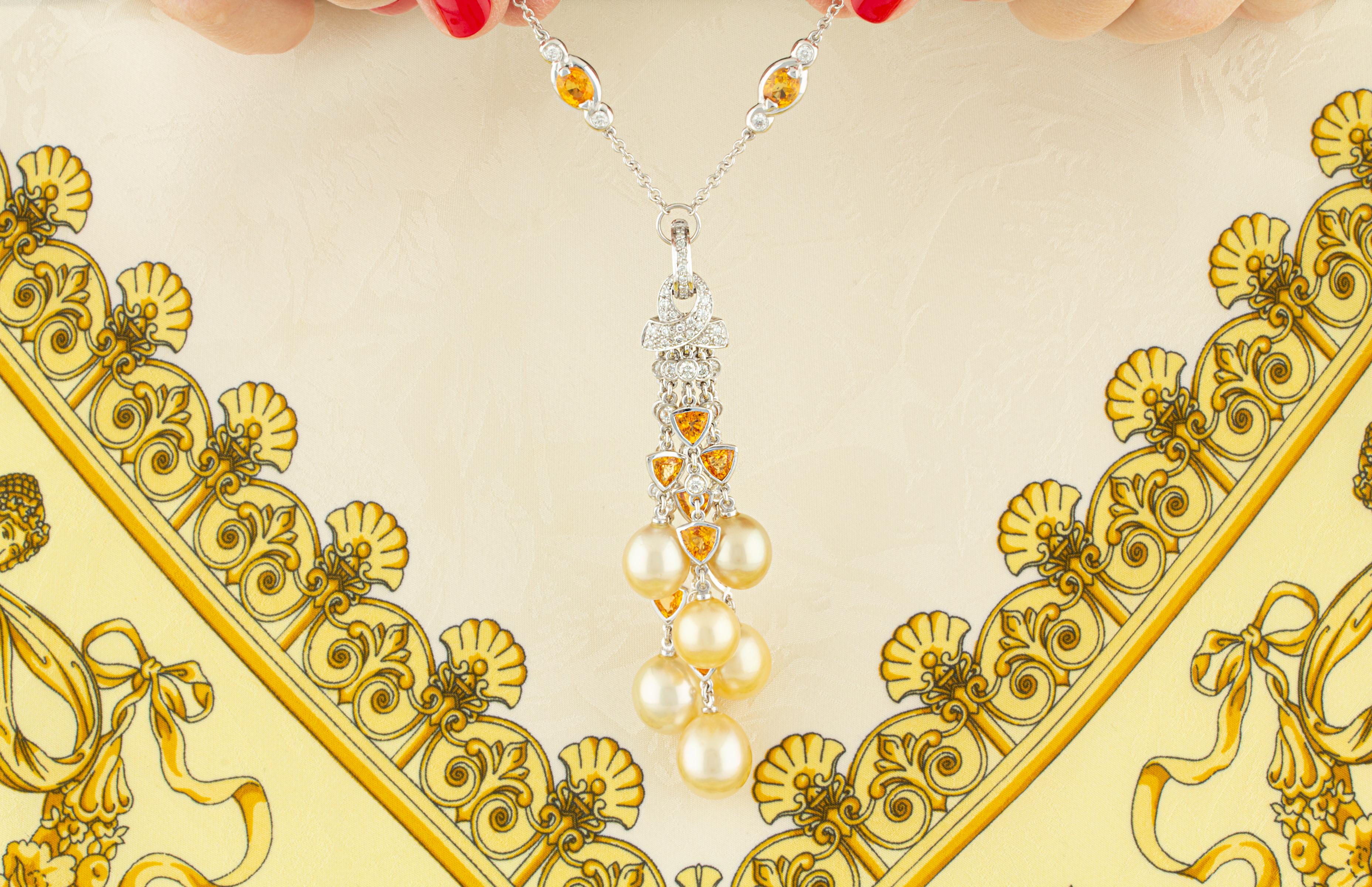 Artist Ella Gafter Diamond Sapphire Pearl Tassel Pendant Necklace For Sale