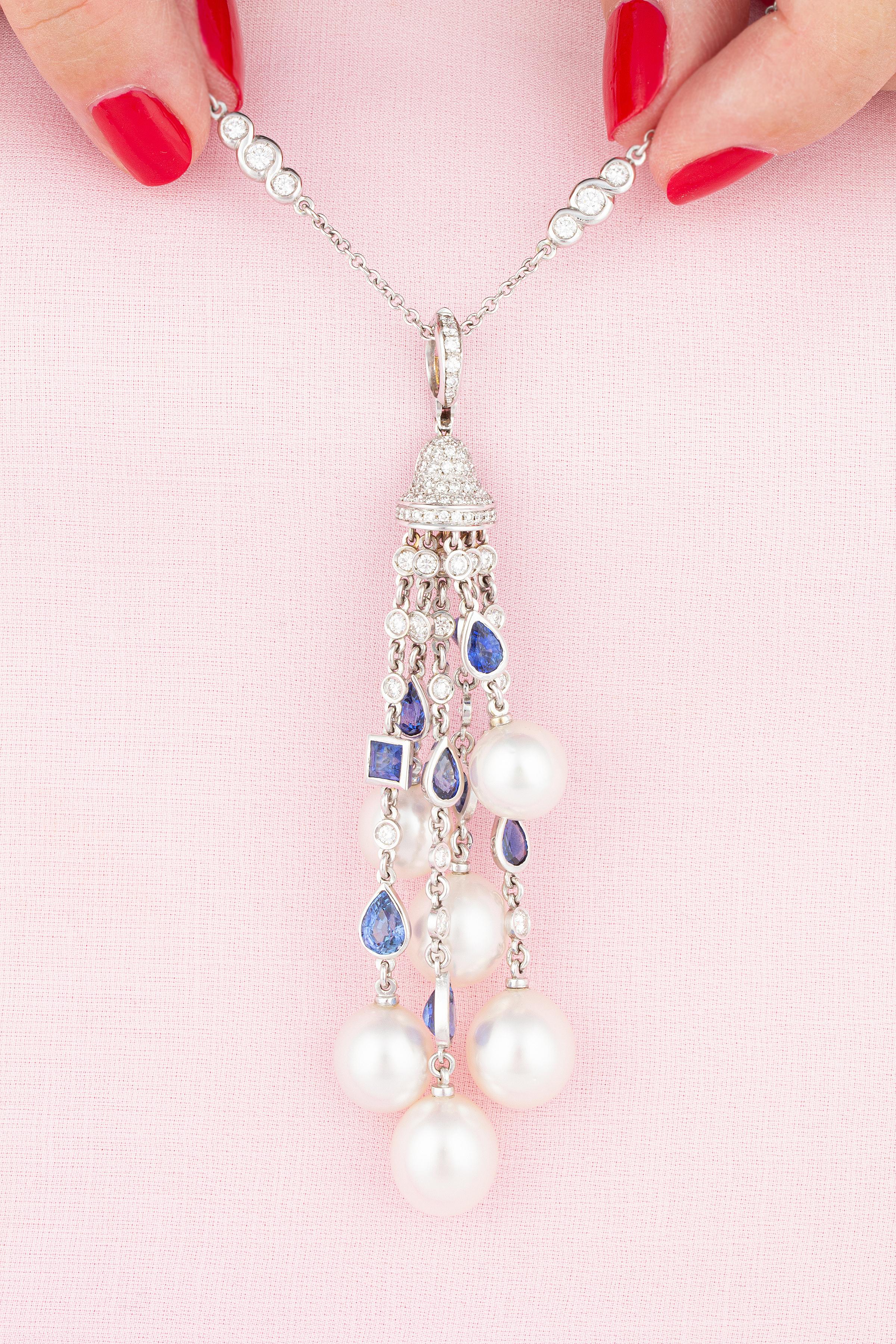 Brilliant Cut Ella Gafter Diamond Sapphire Pearl Tassel Pendant Necklace For Sale