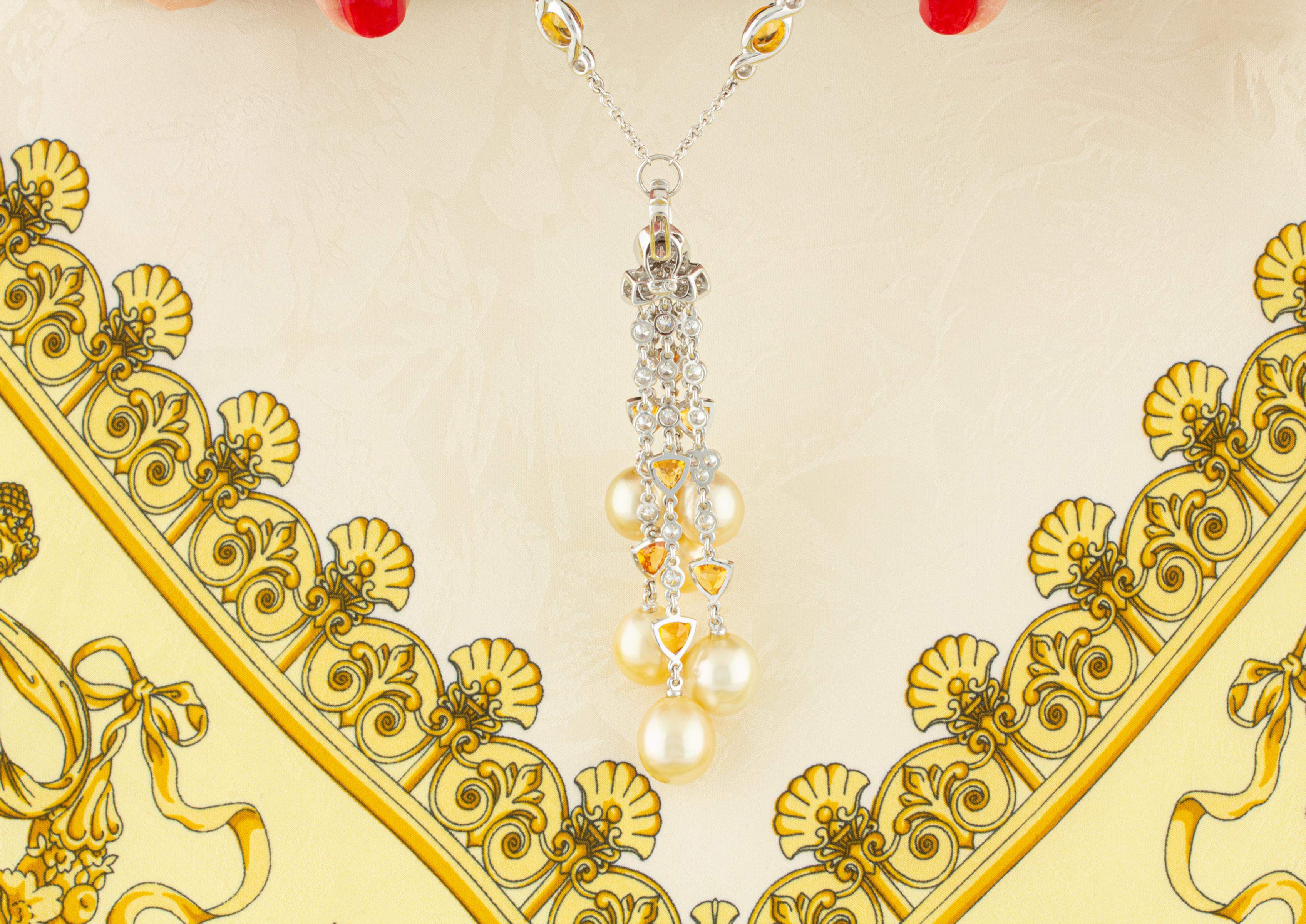 Brilliant Cut Ella Gafter Diamond Sapphire Pearl Tassel Pendant Necklace For Sale
