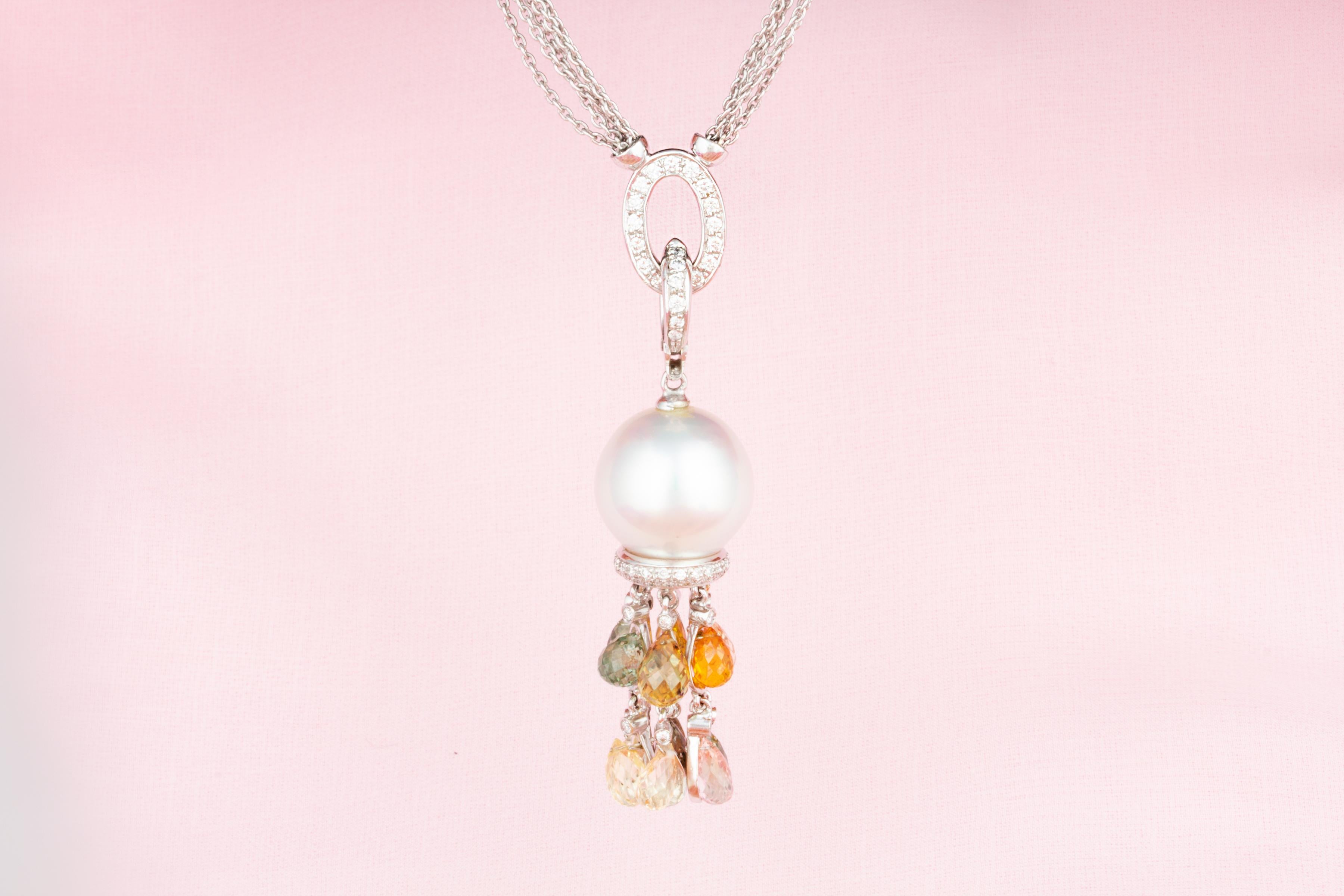 Briolette Cut Ella Gafter Diamond Sapphire Pearl Pendant Necklace For Sale