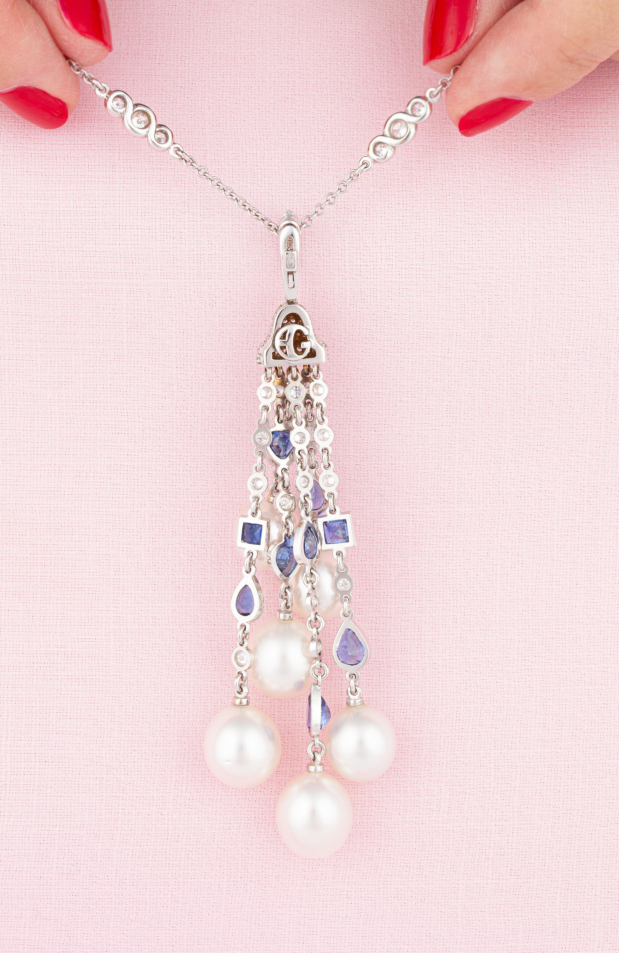 Ella Gafter Diamond Sapphire Pearl Tassel Pendant Necklace In New Condition For Sale In New York, NY