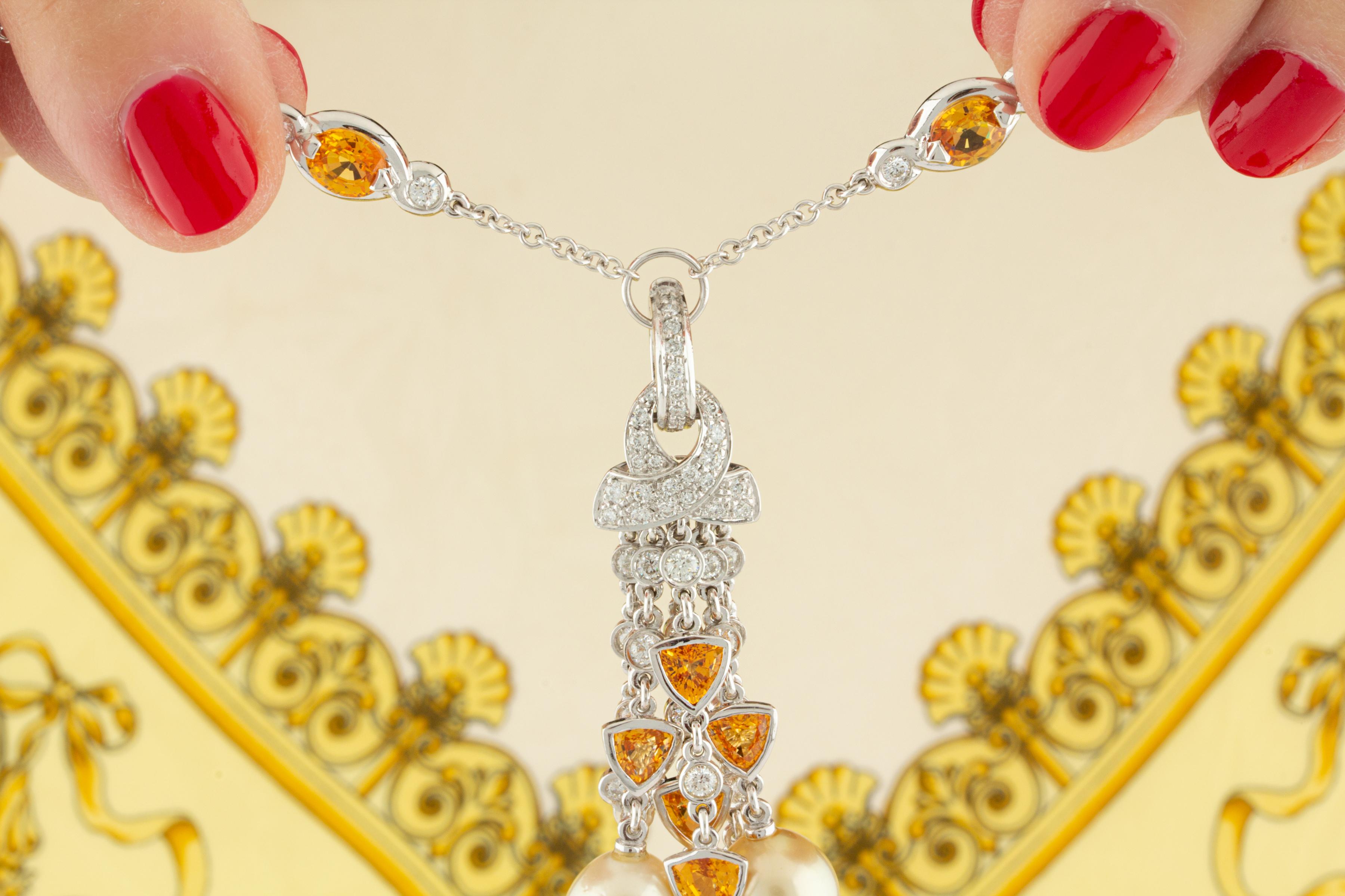 Women's Tassel Necklace Diamond Yellow Sapphire Golden Pearl Design by Ella Gafter For Sale