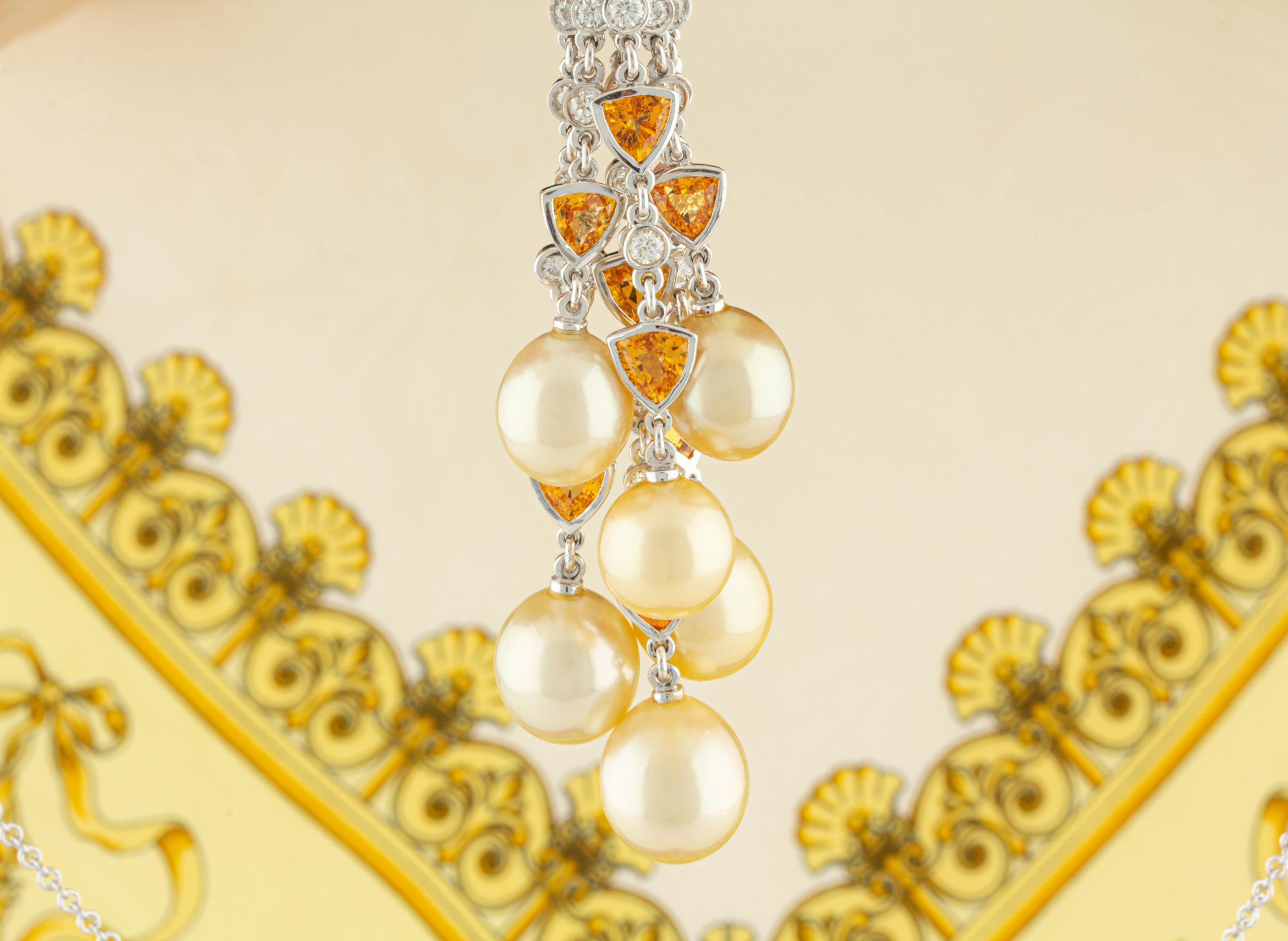 Tassel Necklace Diamond Yellow Sapphire Golden Pearl Design by Ella Gafter For Sale 1