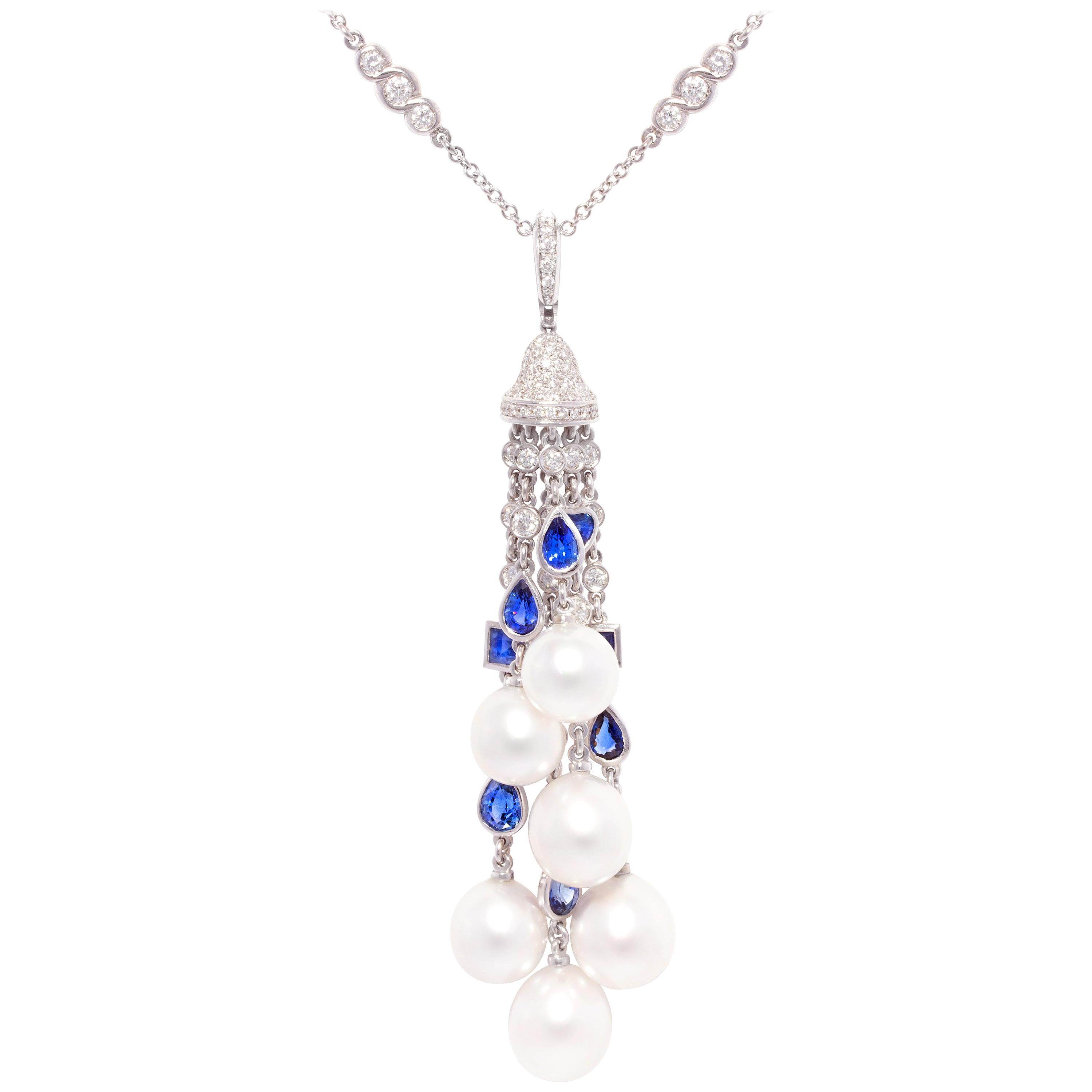 Ella Gafter Diamond Sapphire Pearl Tassel Pendant Necklace For Sale