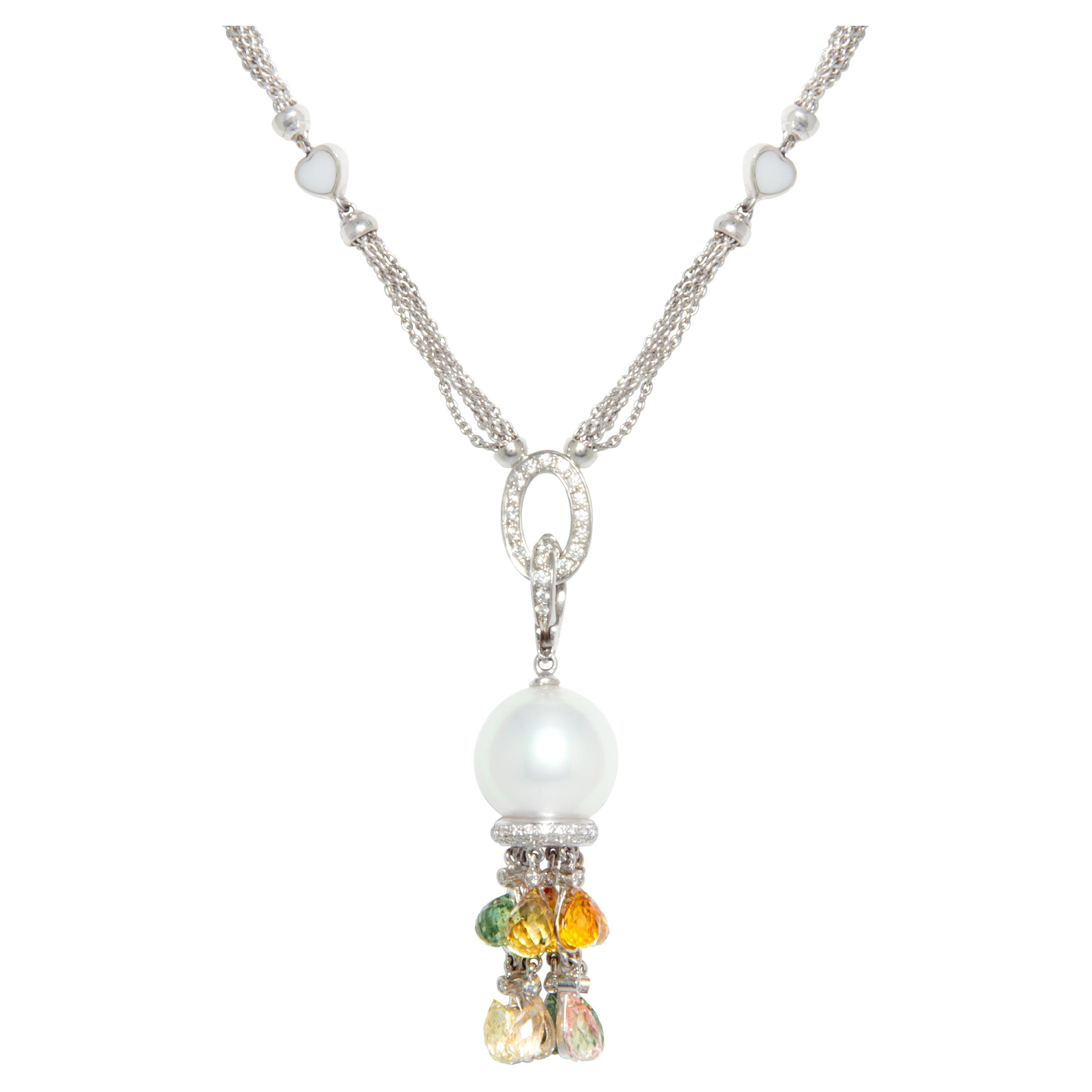 Ella Gafter Diamond Sapphire Pearl Pendant Necklace For Sale