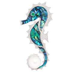 Seahorse Brooch Pin Diamonds South Sea Pearl 18.5mm Design by Ella Gafter