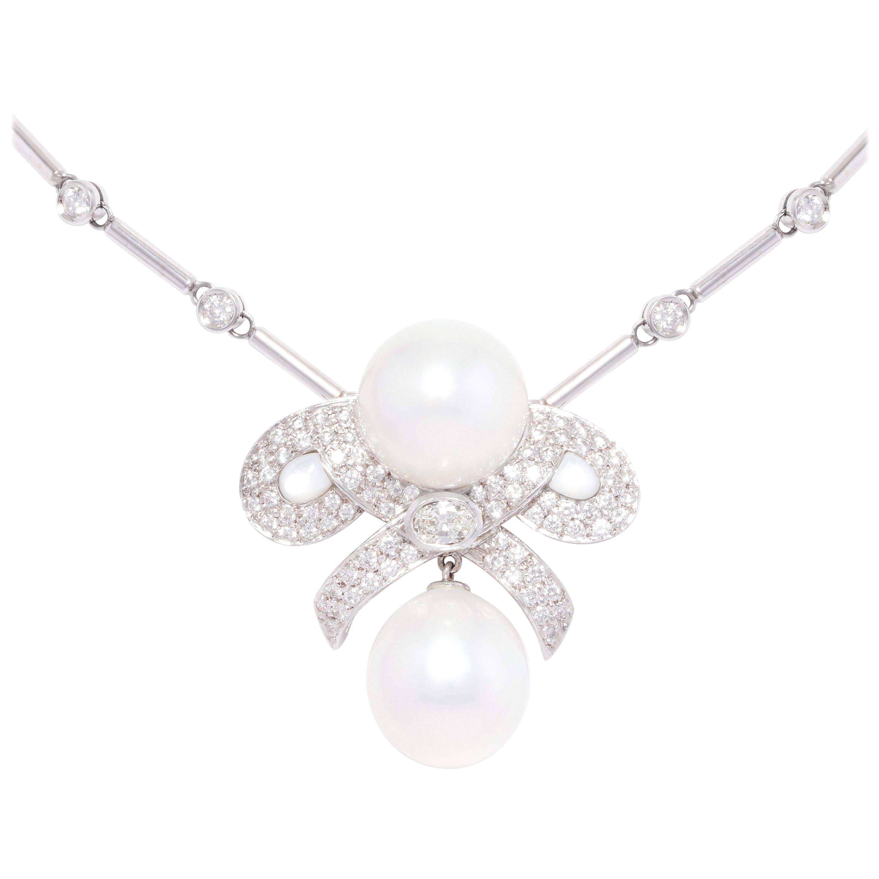 Ella Gafter Diamond South Sea Pearl Brooch Necklace For Sale