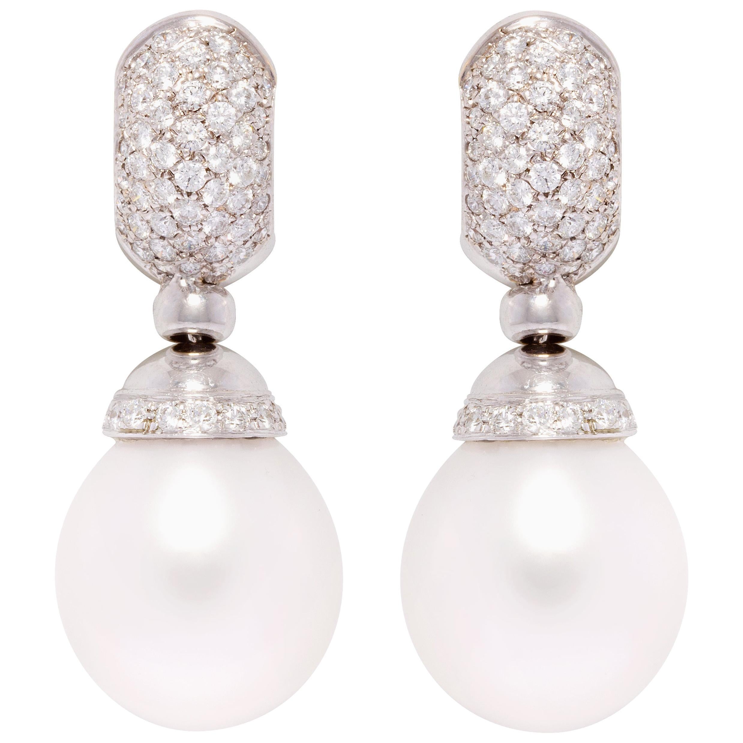Ella Gafter Diamond South Sea Pearl Drop Earrings For Sale