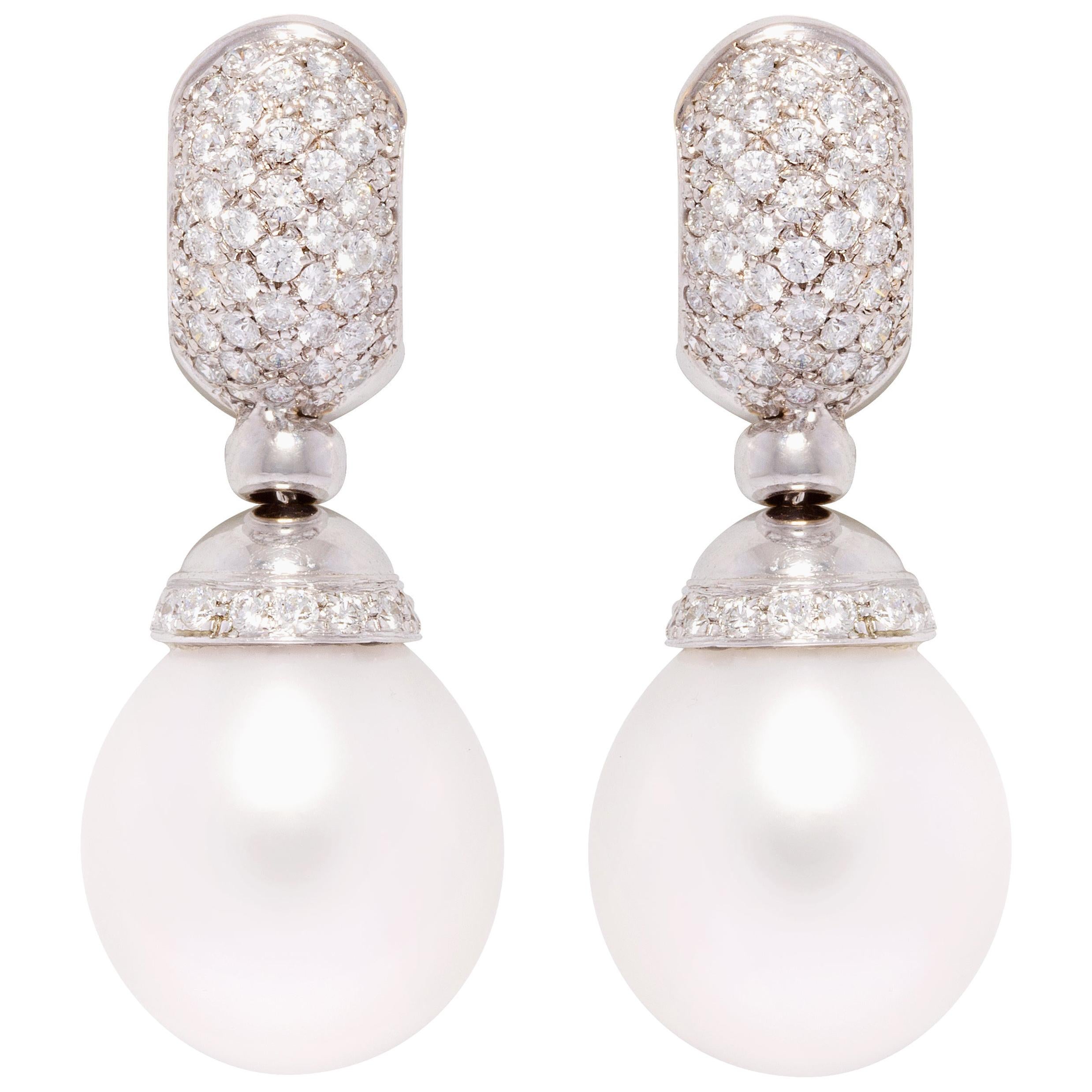 South Sea Pearl Diamond Drop Earrings White Gold Design by Ella Gafter