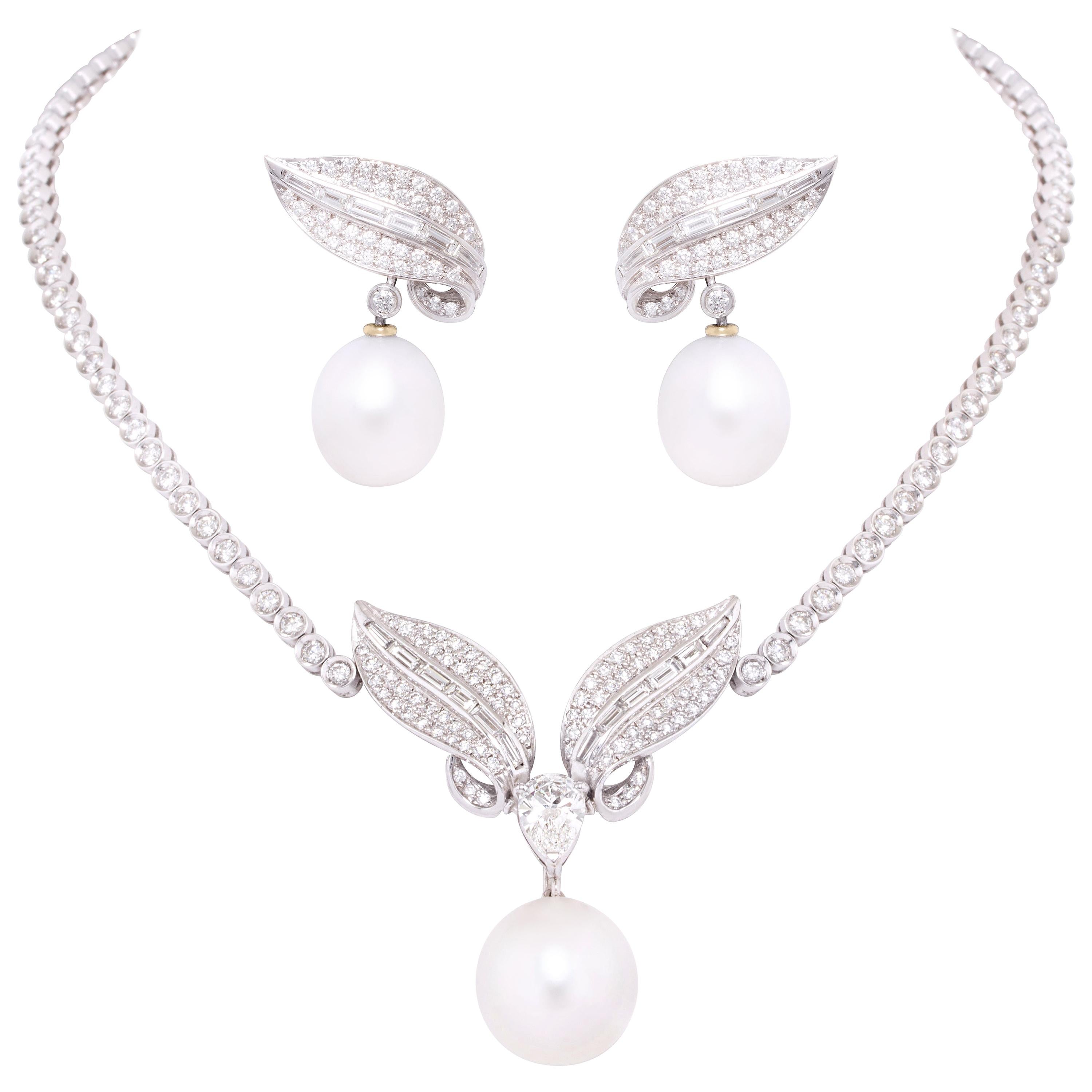 Ella Gafter Diamond South Sea Pearl Necklace Earrings Set For Sale