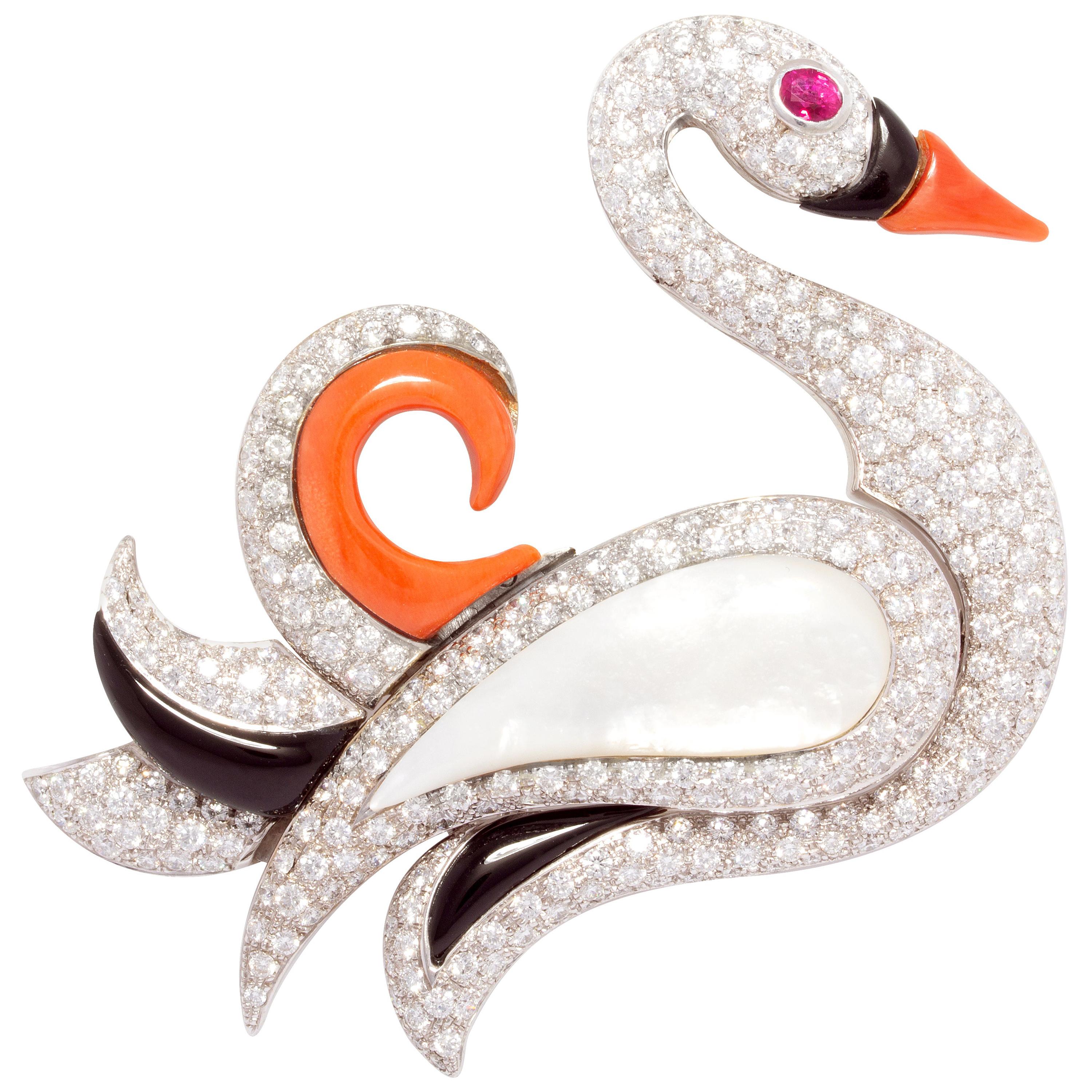 Ella Gafter Art Déco style Diamond Swan Brooch Pin For Sale