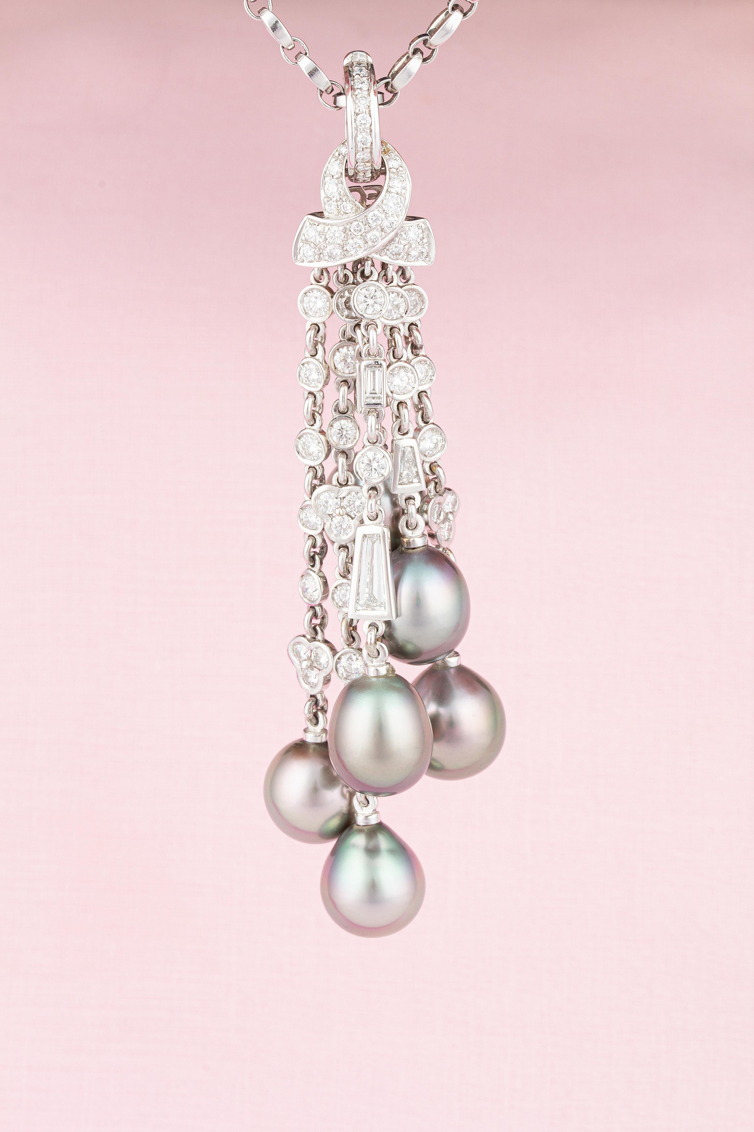Artist Ella Gafter Diamond Tahitian Pearl Tassel Chain Drop Necklace For Sale