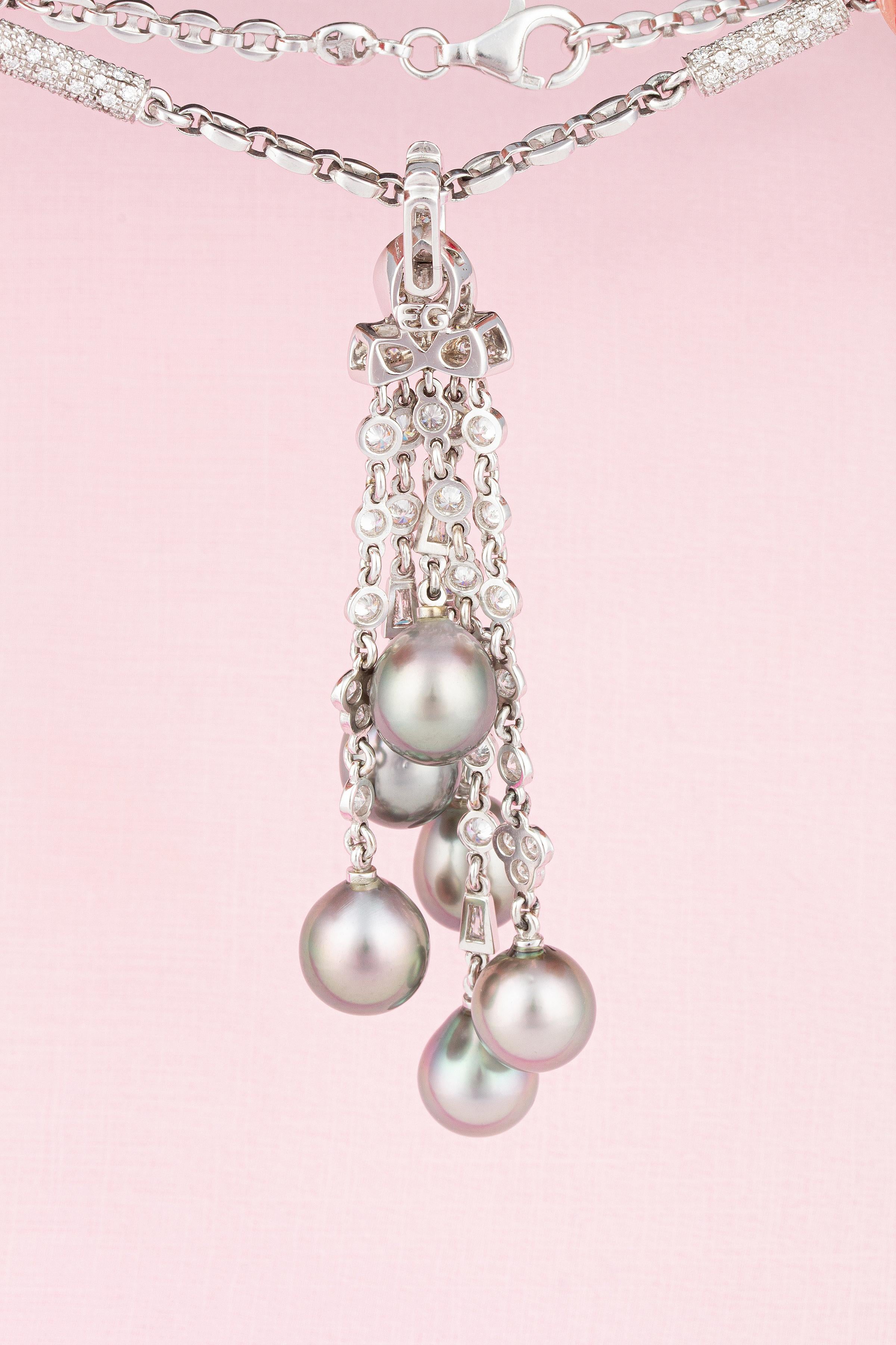 Brilliant Cut Ella Gafter Diamond Tahitian Pearl Tassel Chain Drop Necklace For Sale