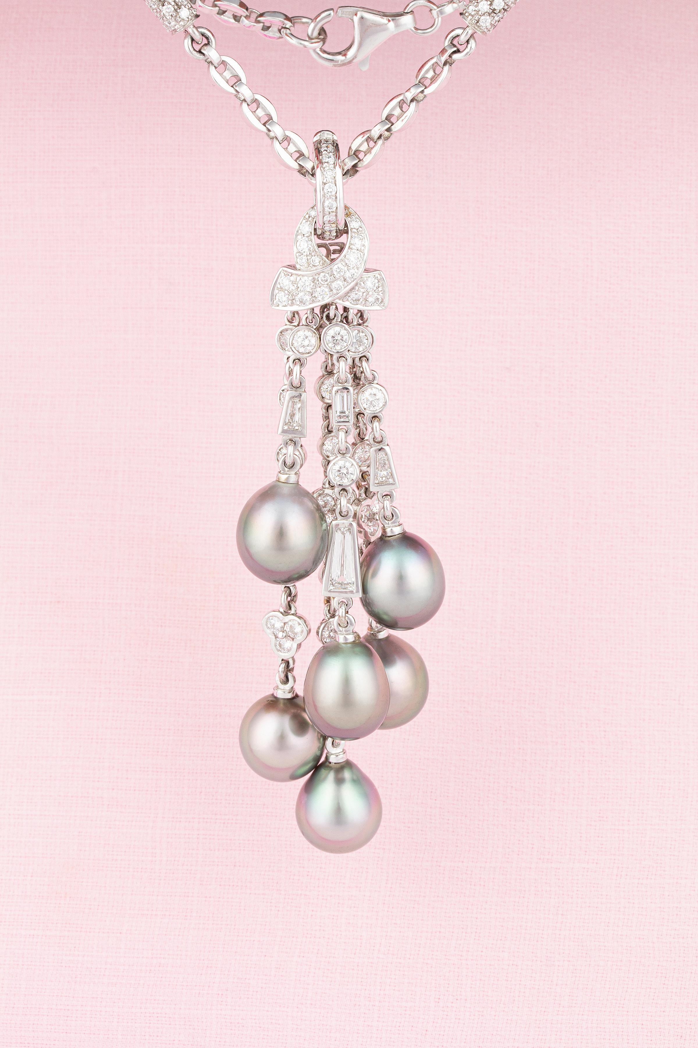 Ella Gafter Diamond Tahitian Pearl Tassel Chain Drop Necklace In New Condition For Sale In New York, NY