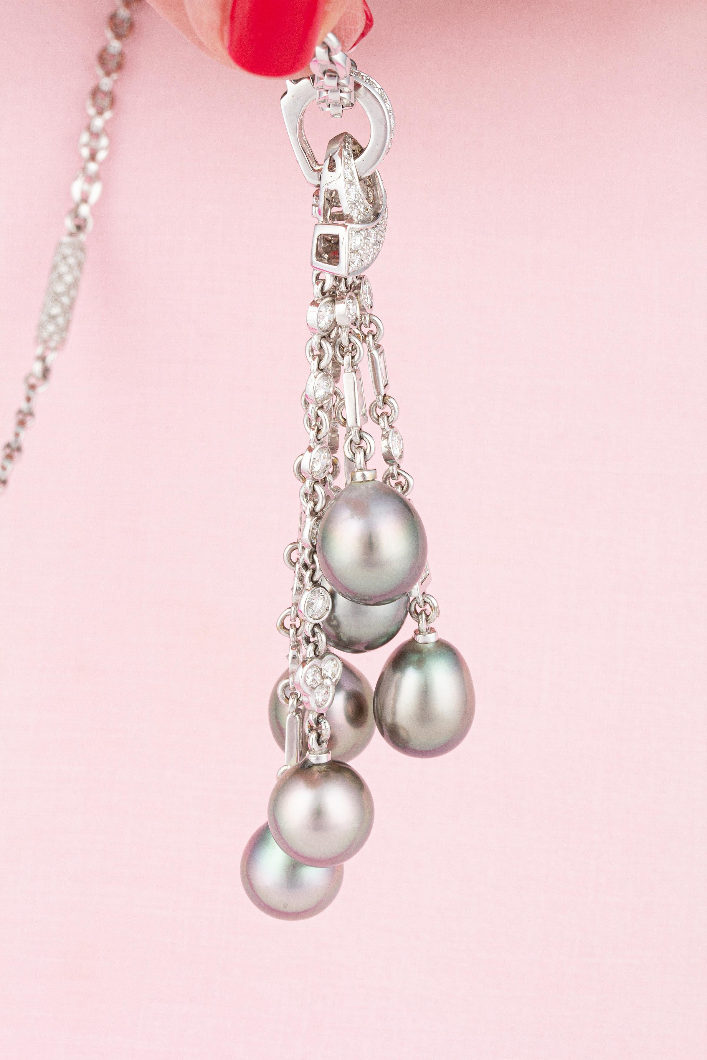 Women's Ella Gafter Diamond Tahitian Pearl Tassel Chain Drop Necklace For Sale