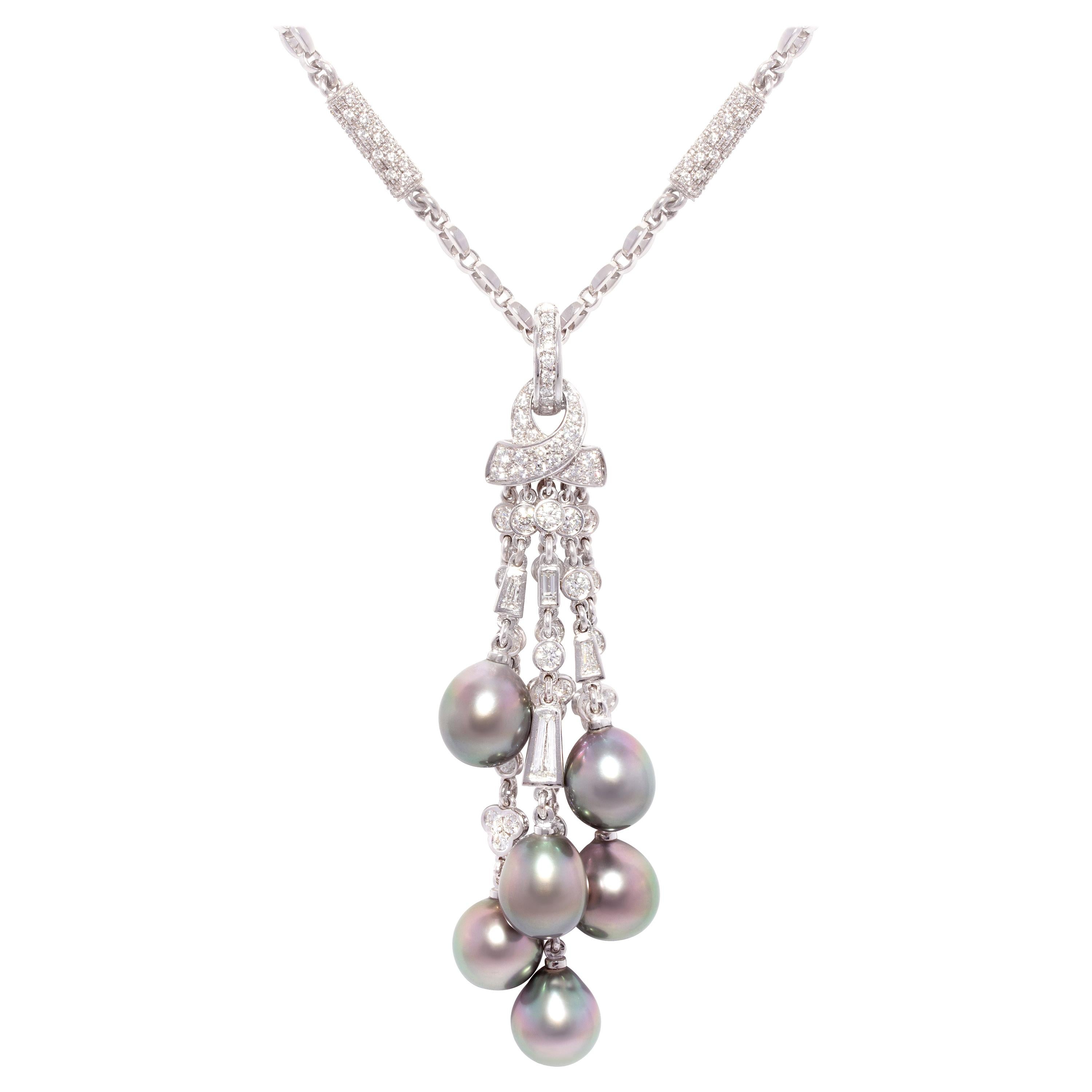 Ella Gafter Diamond Tahitian Pearl Tassel Chain Drop Necklace For Sale