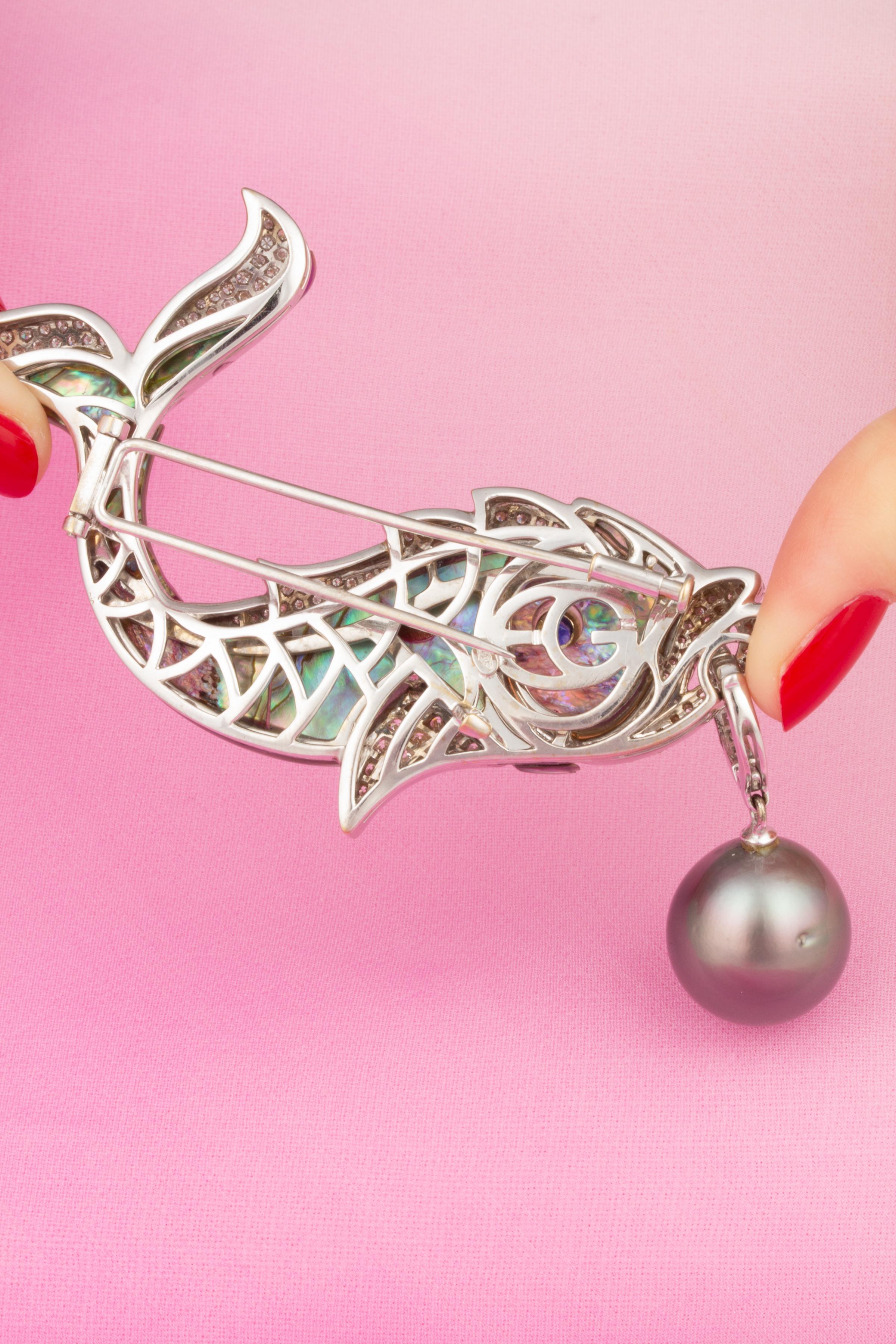 Parl Fish Fish Brooch Pin with Diamonds Tahitian Pearl Design by Ella Gafter For ...