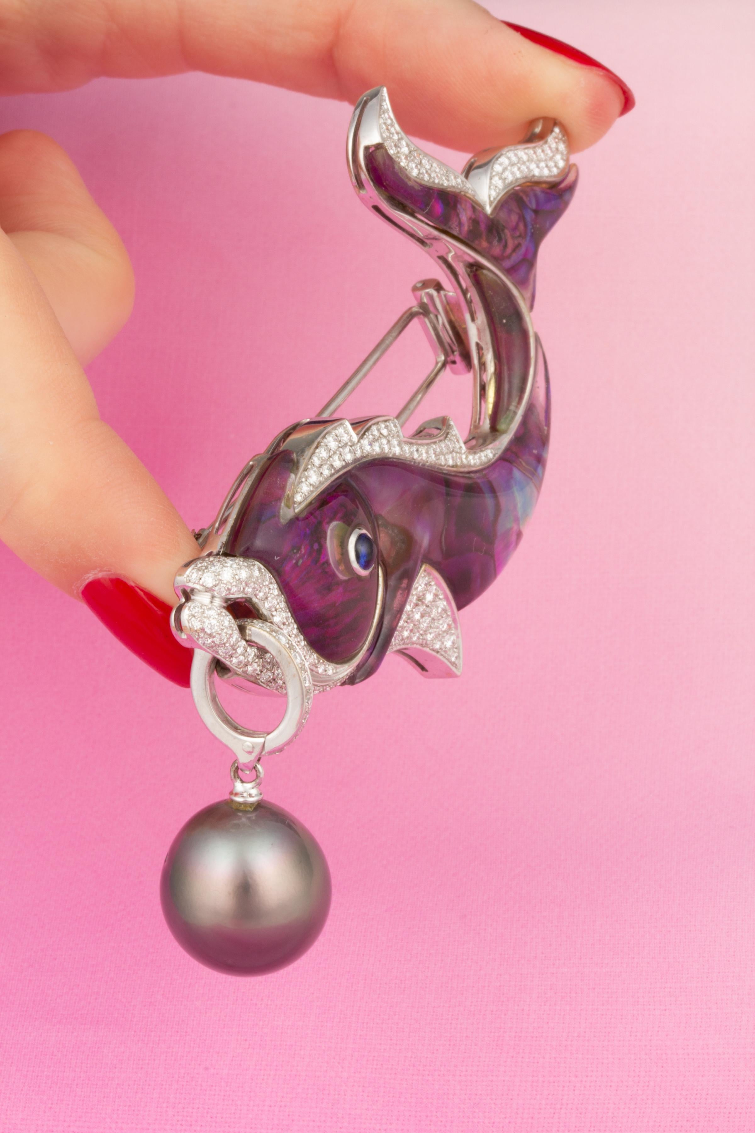 Ella Gafter Diamant-Brosche mit 17 mm Perlen und Fischen  im Angebot 1