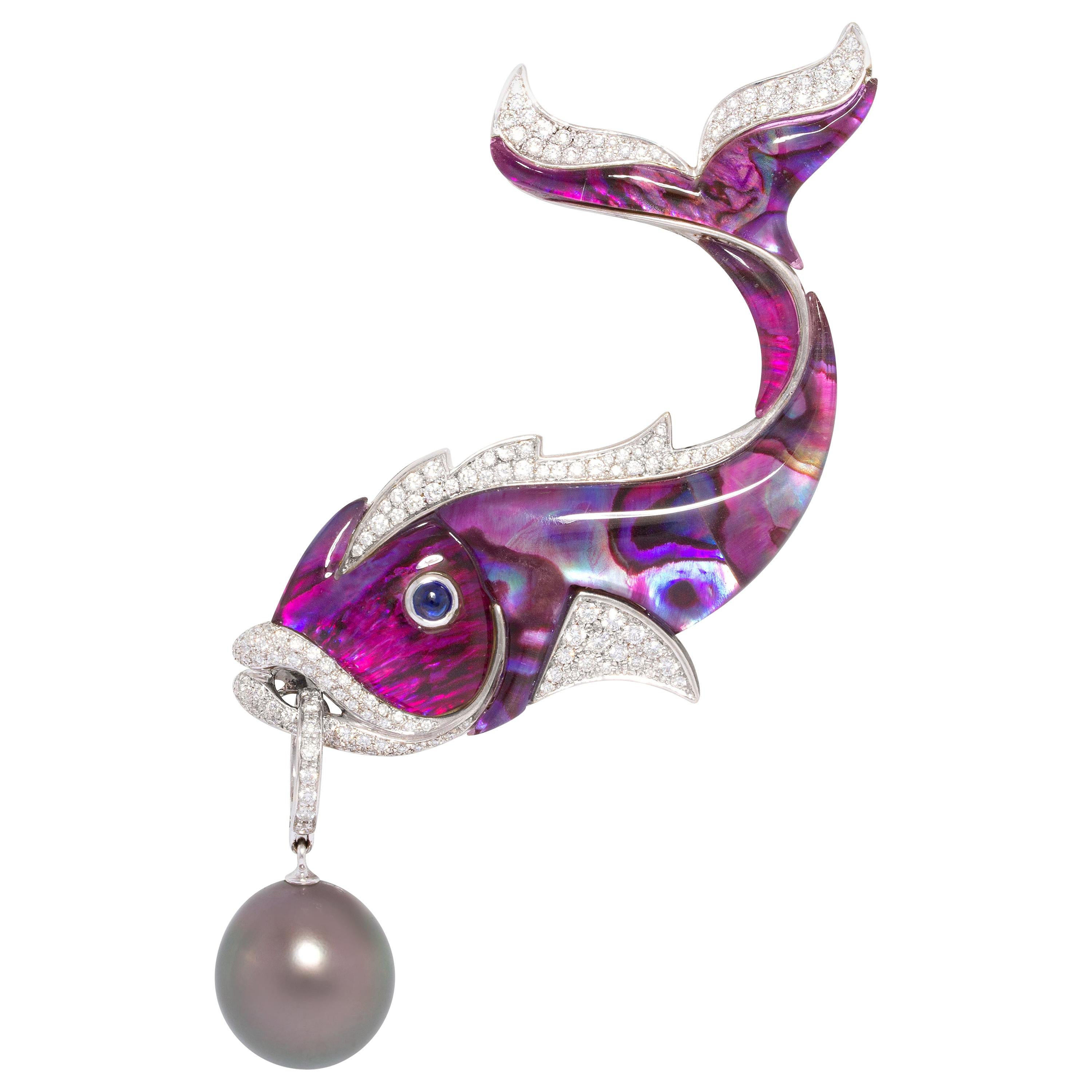 Ella Gafter Diamond 17mm Pearl Fish Pin Brooch  For Sale