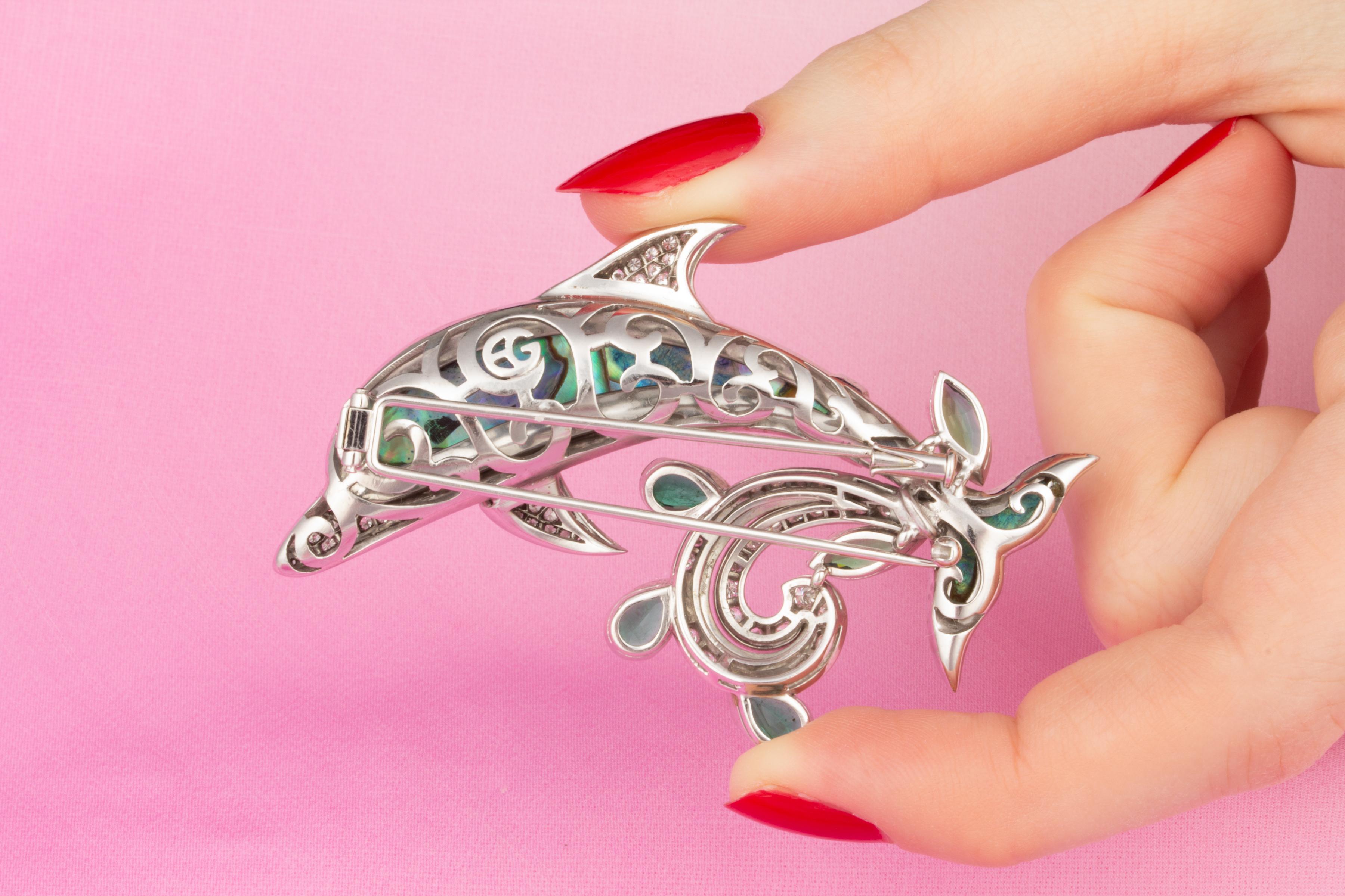 Artist Ella Gafter Dolphin Emerald Diamond Brooch Pin For Sale