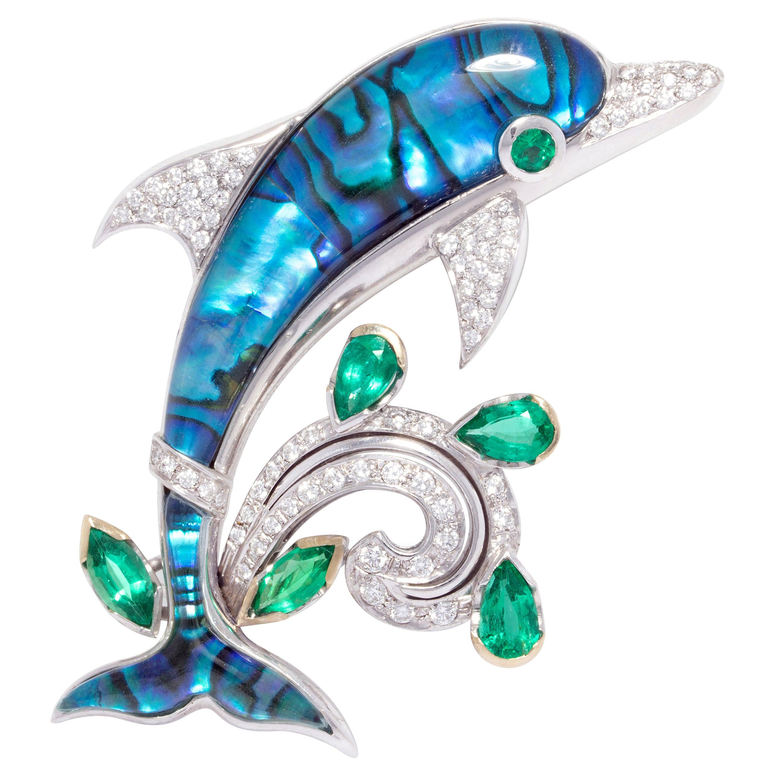 Ella Gafter Broche en forme de dauphin avec diamants et émeraudes