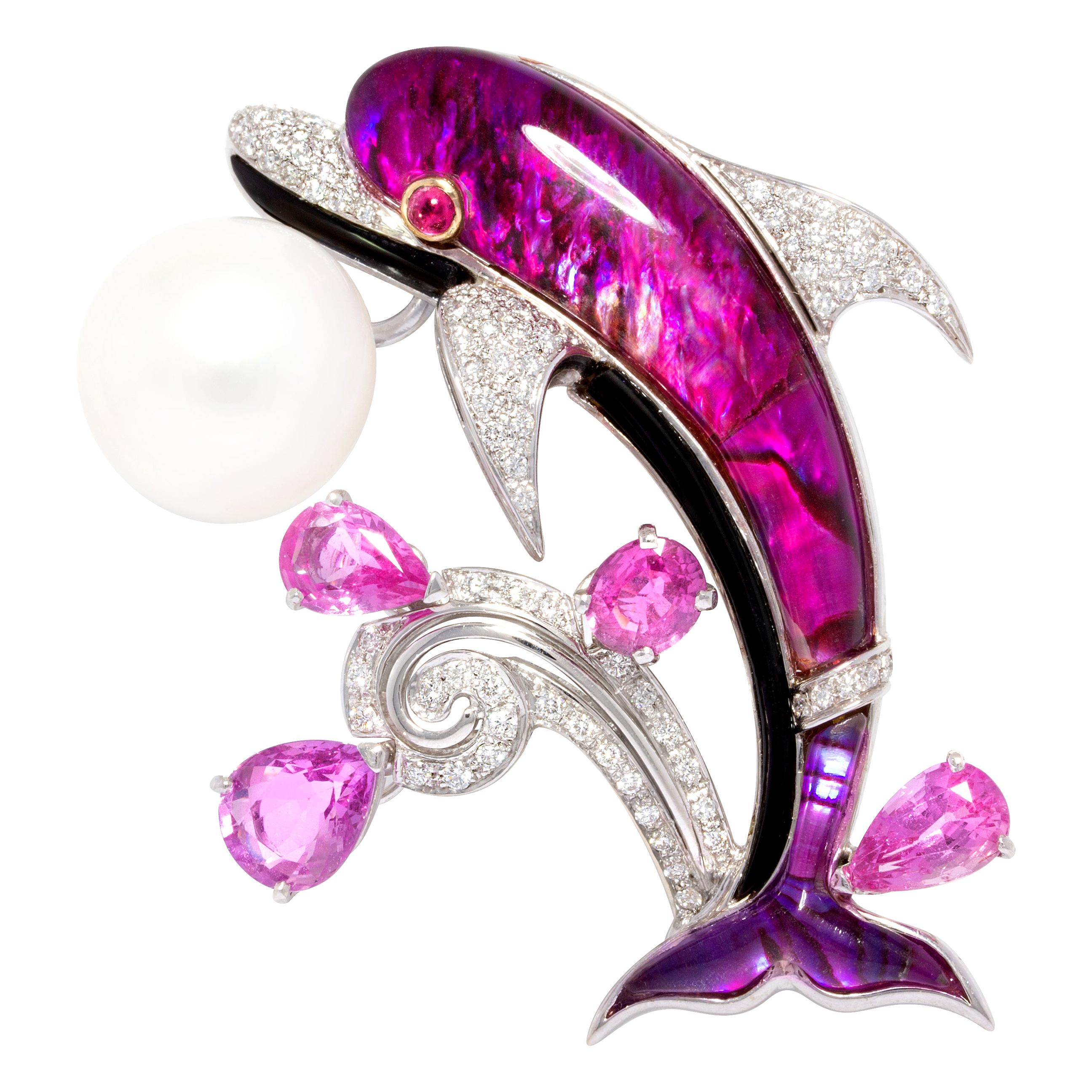 Ella Gafter Broche en forme de dauphin avec saphir rose et diamants
